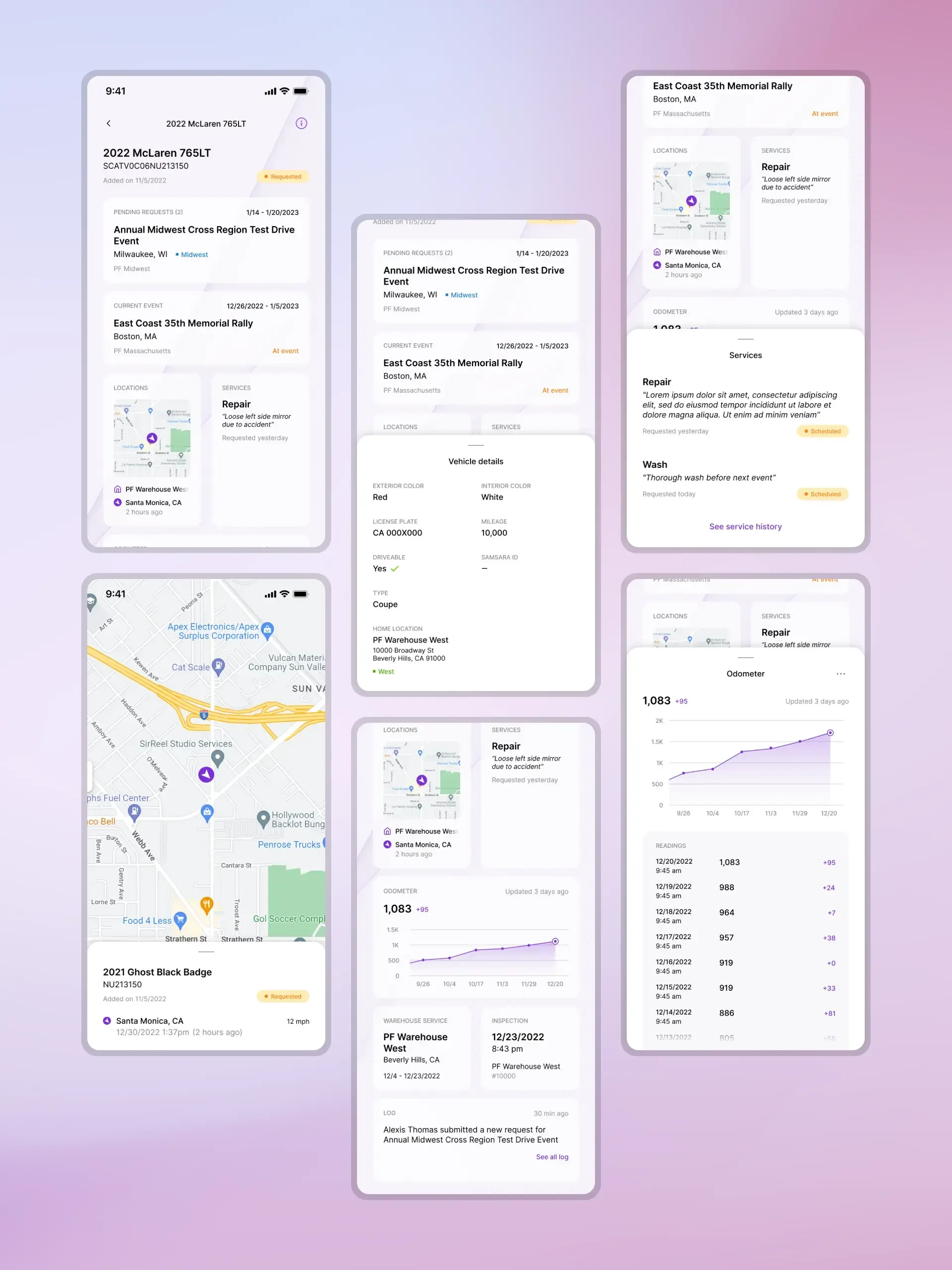 Mobile app design showing vehicle profile page