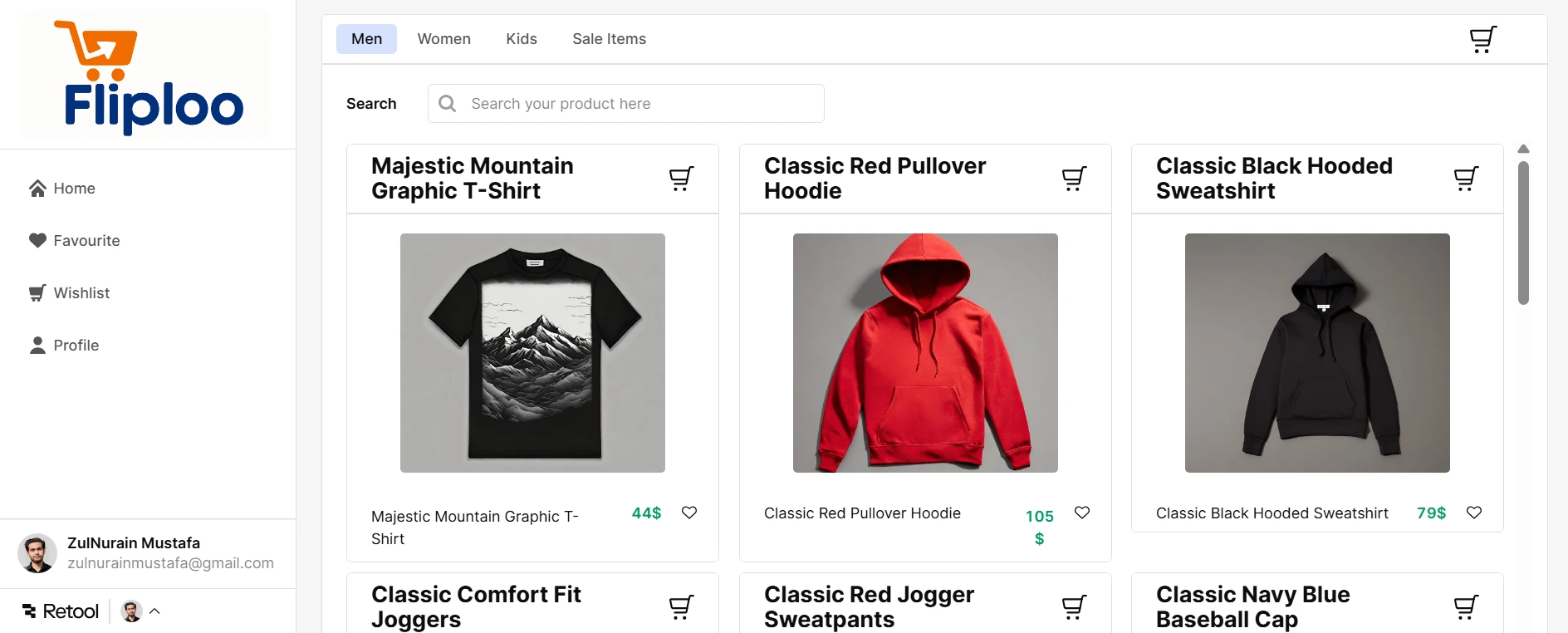 “Clean product grid with categories, prices, and quick add buttons''