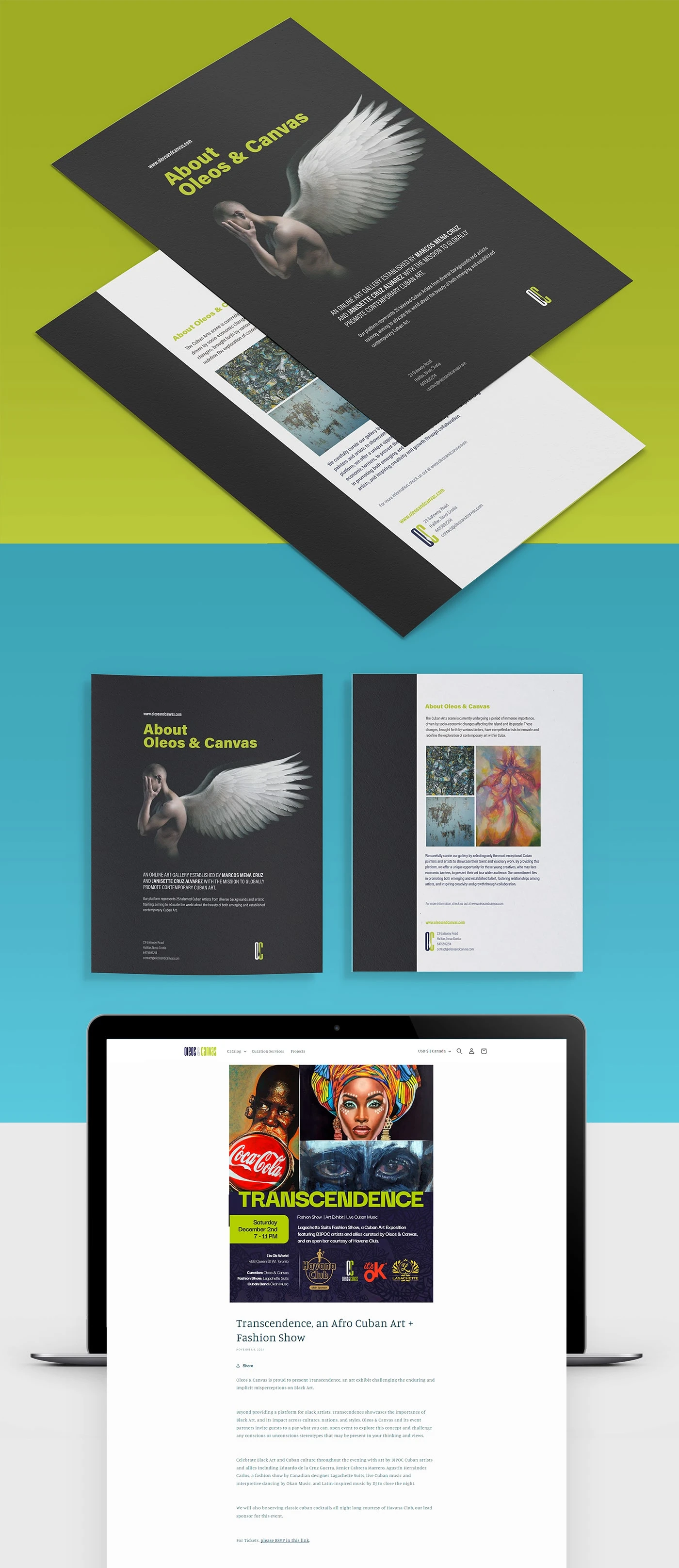 About Oleos & Canvas” – Editorial Design
Created to introduce the platform’s mission: connecting Cuban artists with global audiences through curated exhibitions. The dark palette and angelic imagery reflect the brand’s spiritual, cultural depth — a visual anchor for all future communications. 

