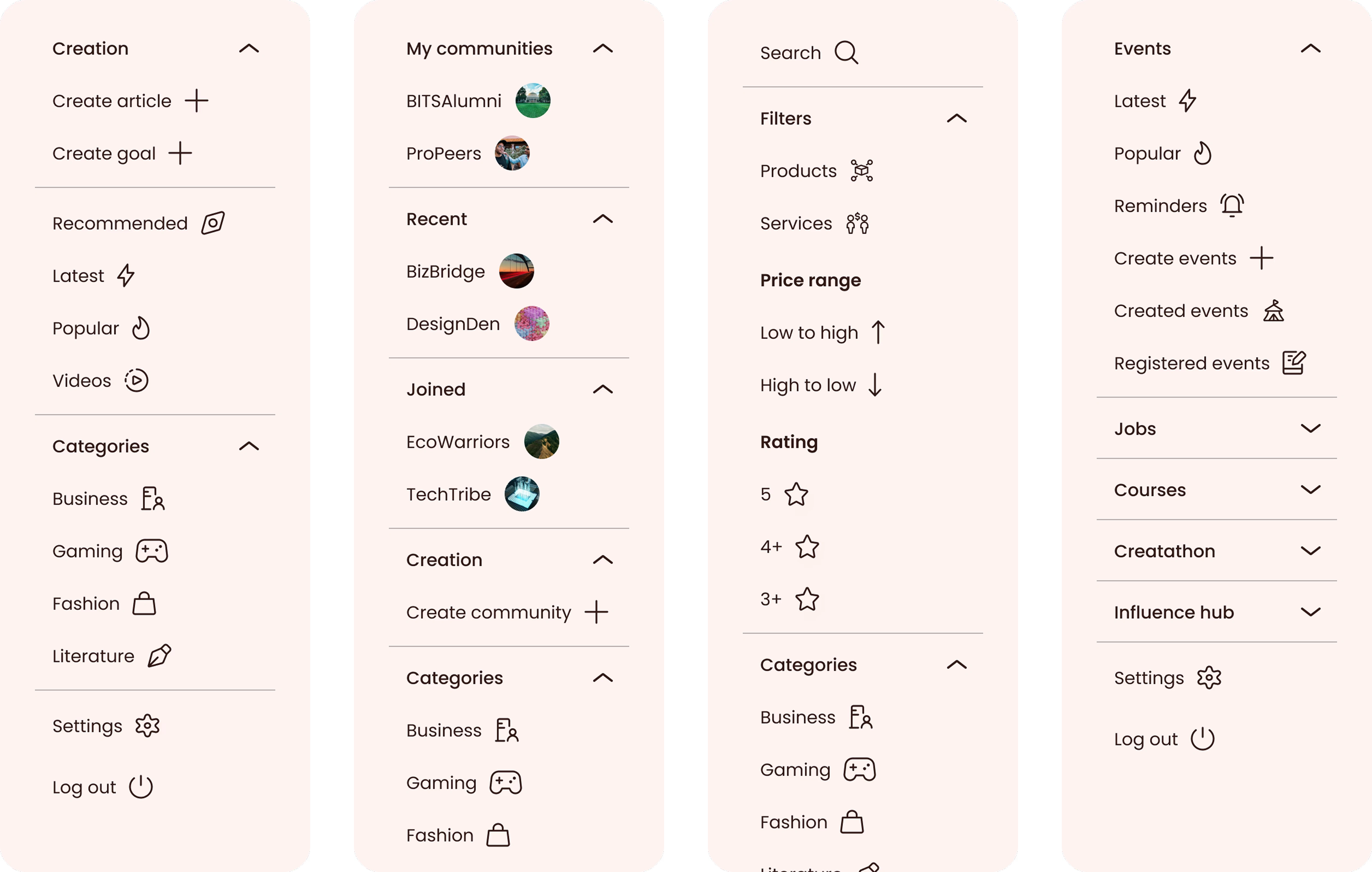 Feeds sidebar, community sidebar, commerce sidebar, opportunity sidebar