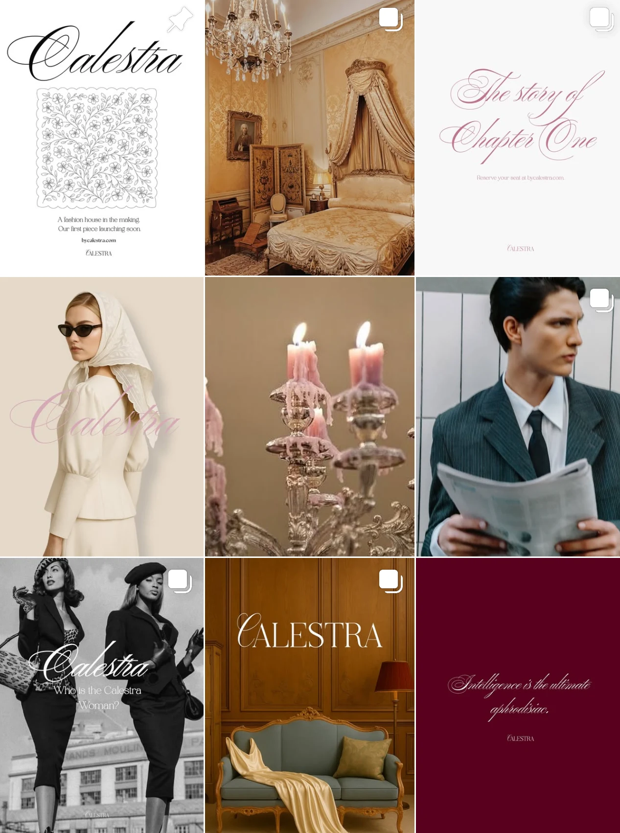 Calestra’s Instagram is built as a storytelling engine, not a sales tool.
This visual series weaves together archetypes, symbolism, and cinematic stills to create emotional depth and brand mystique. From editorial muses and poetic quotes to mood-building interiors and product teasers, every post contributes to a layered, cult-worthy brand narrative.