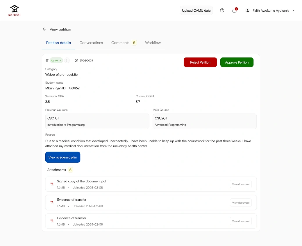 Petition details page for academic staffs