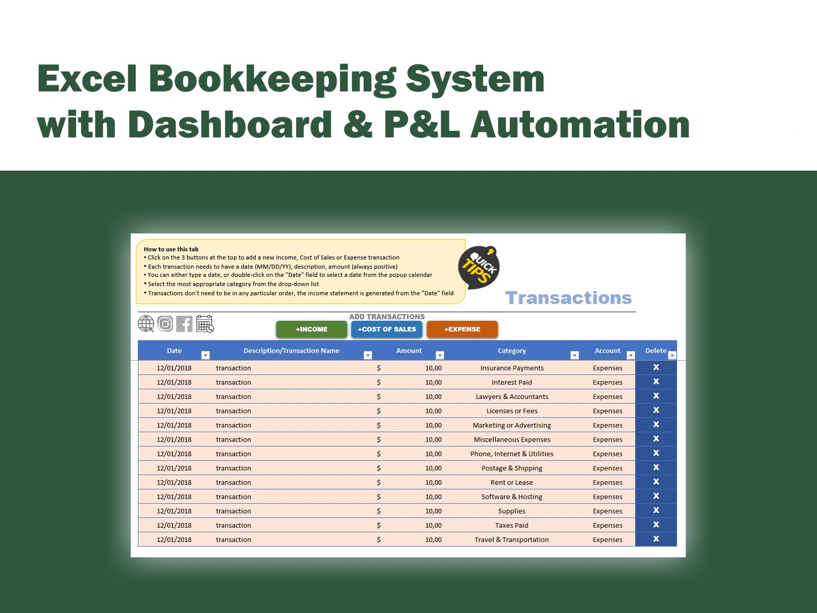 Users can add income, cost of sales, or expenses with a single click. Every entry updates the dashboards and P&L in real time. Structured dropdowns ensure accurate categorization and zero formula tampering.


