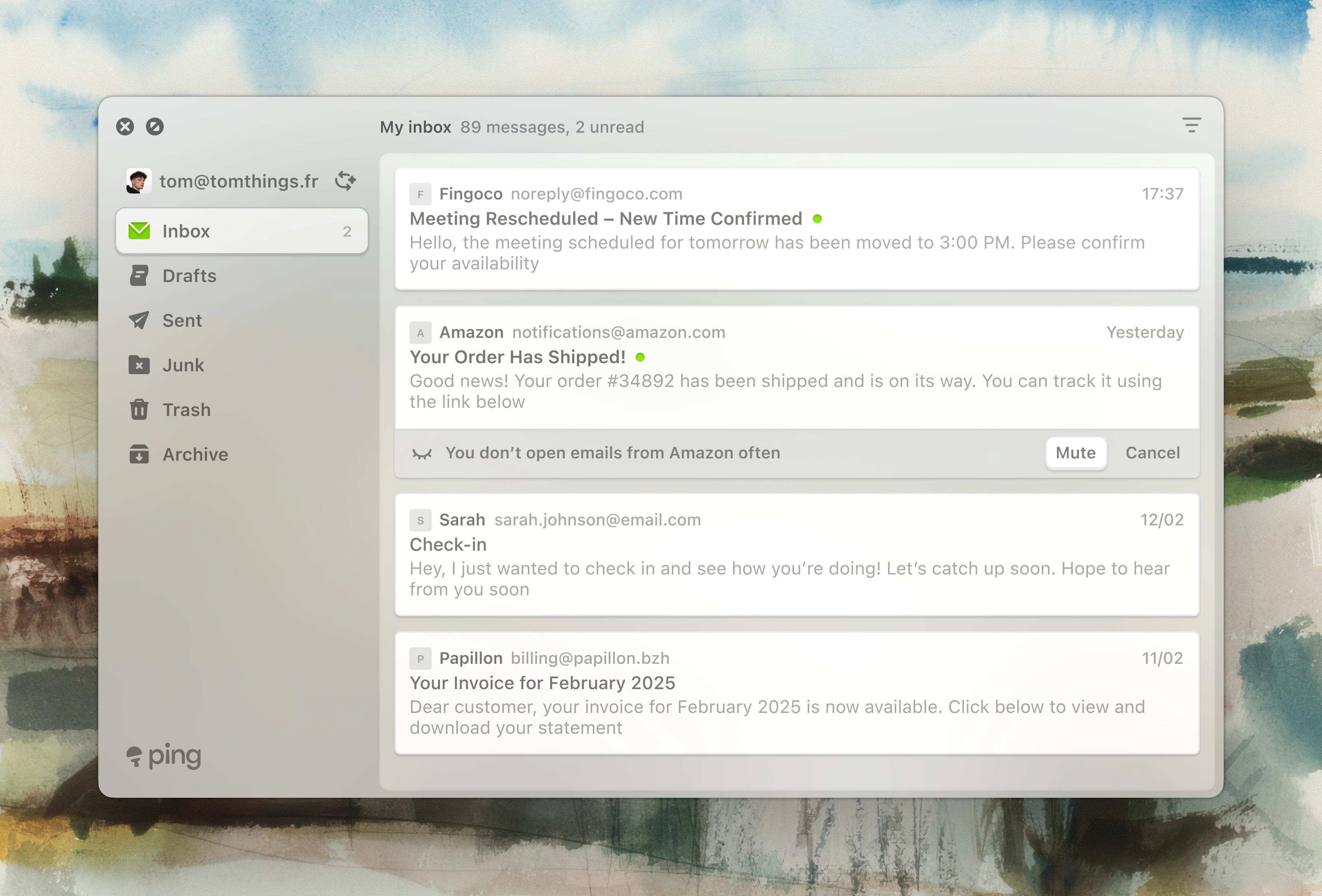 the order tab of Ping Mail