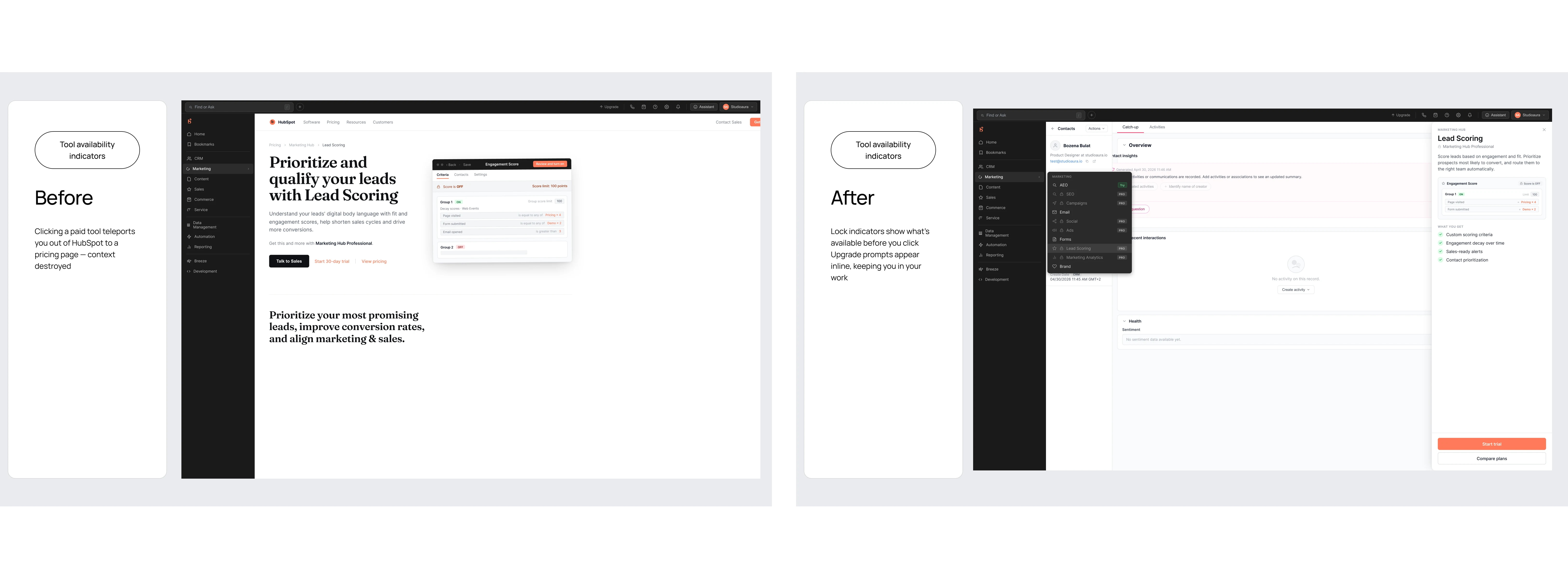 Indicators: Three tool states — owned, trial available, upgrade required — shown before the click. A locked tool opens an inline upgrade panel.