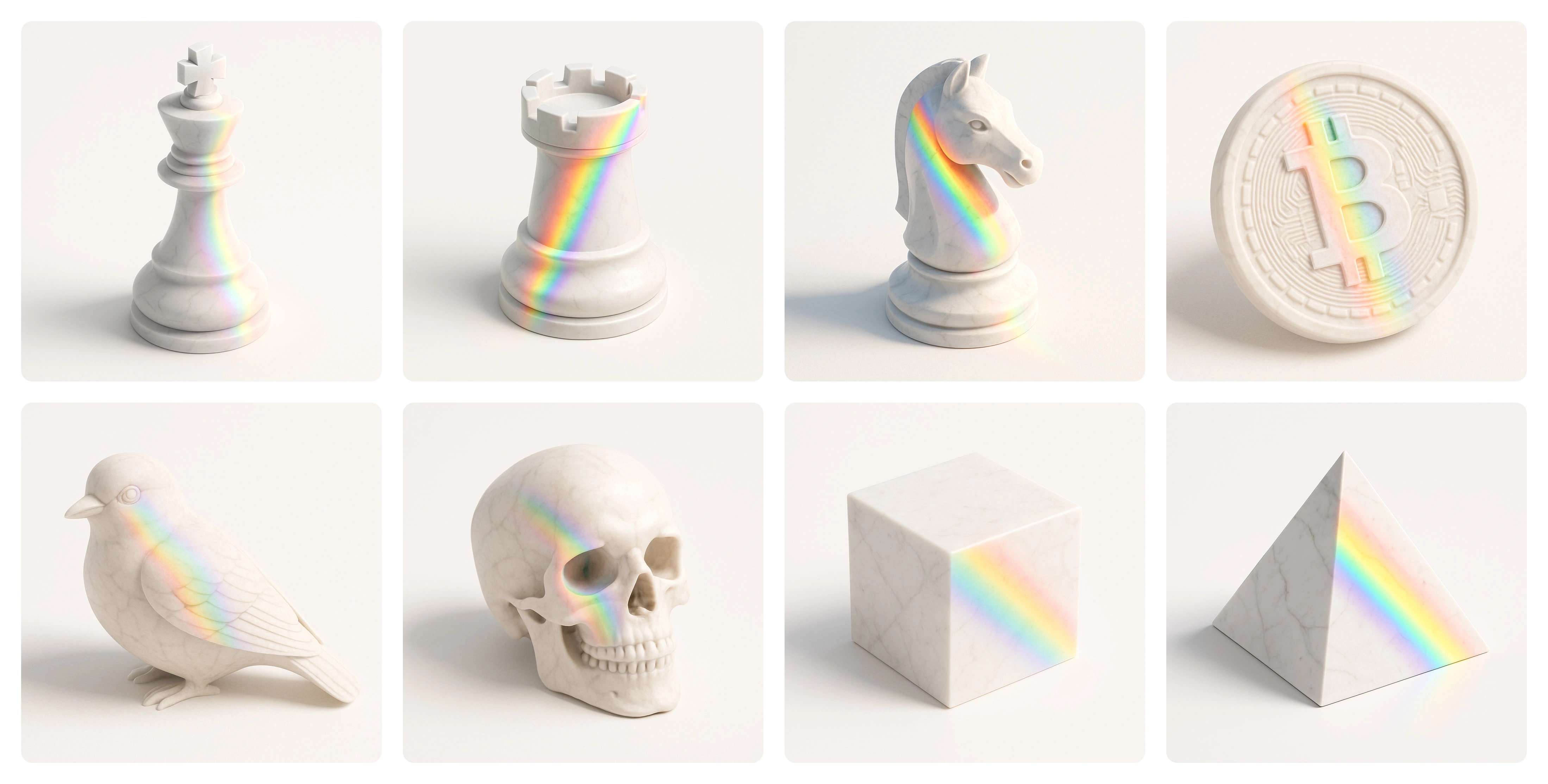 8 unique "Matte White Marble with Rainbow Lighting" theme