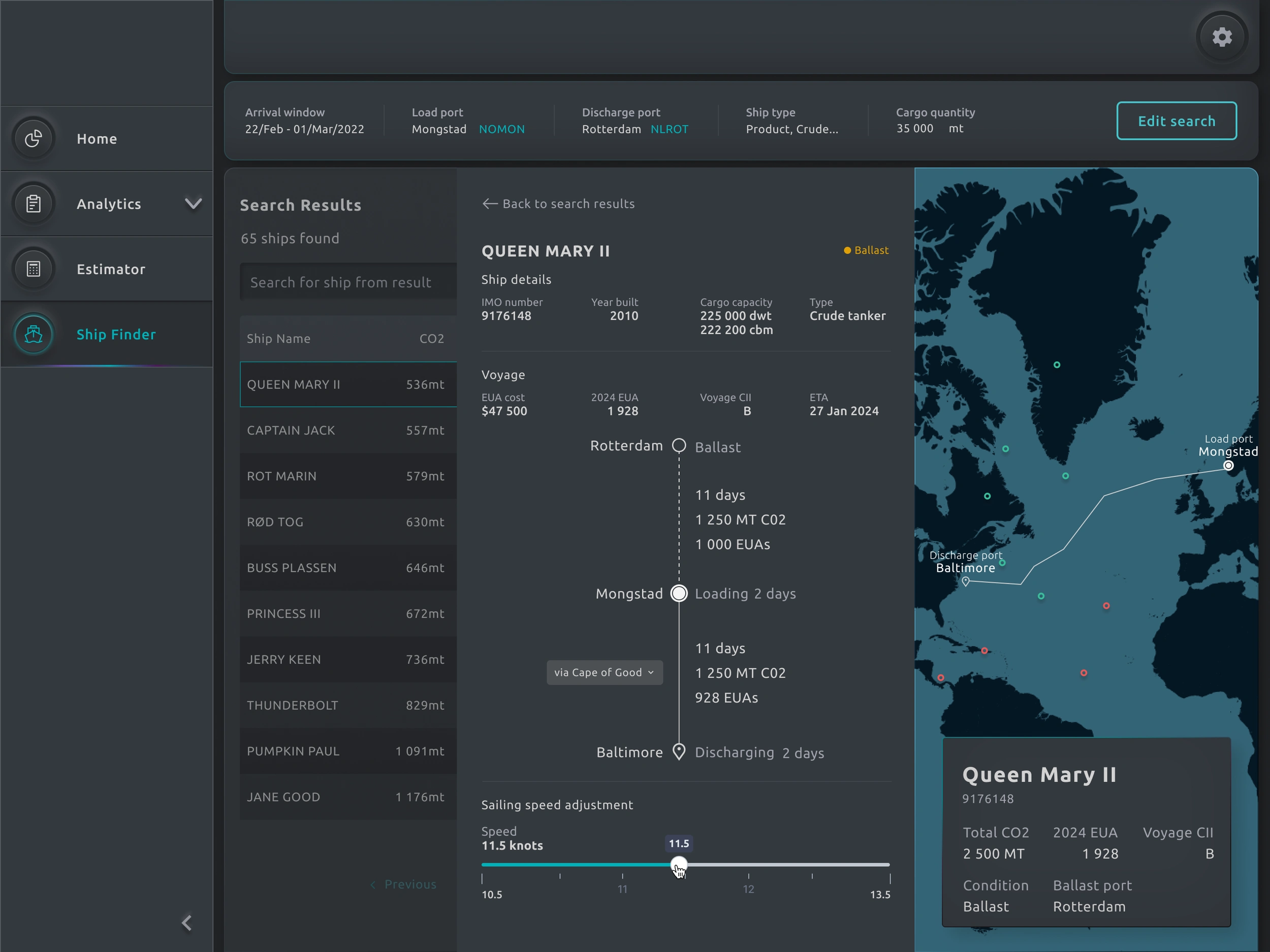 *Detailed view of ship and voyage details including route selection and speed adjustment*
