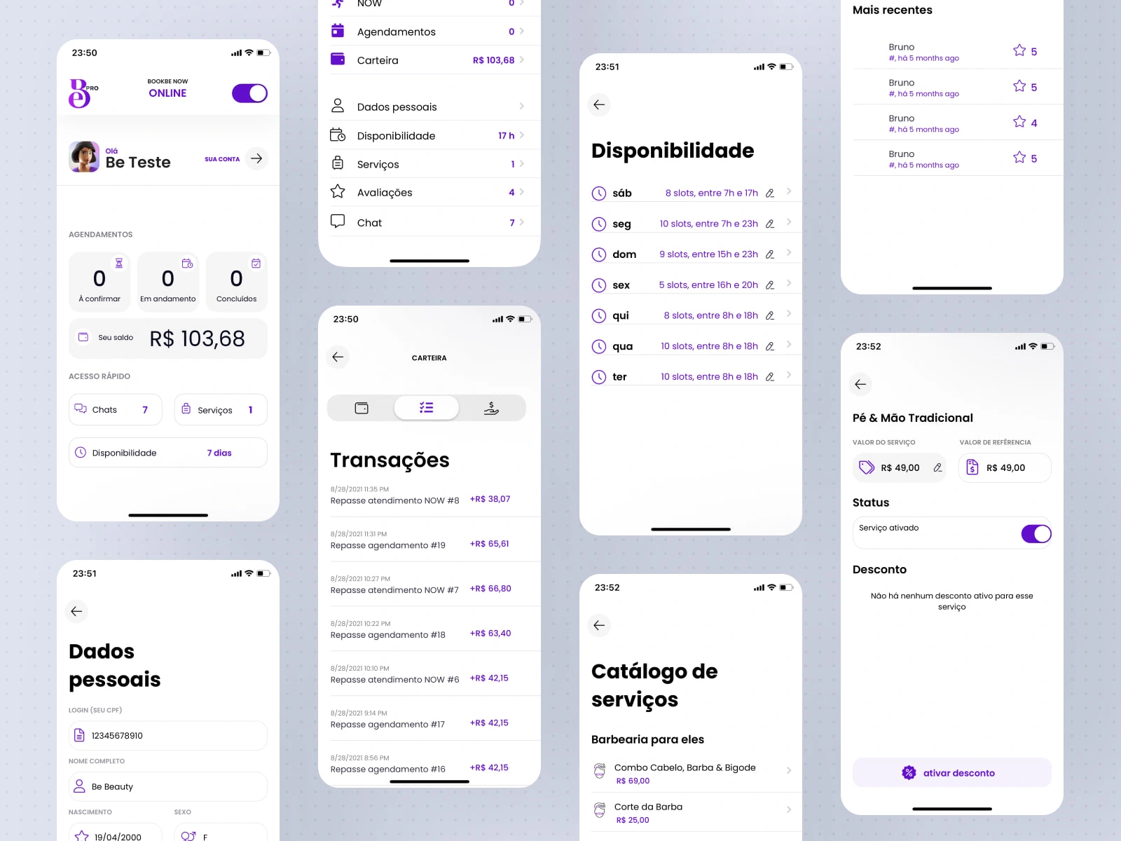 Professional Mobile Screens: Availability, transactions, and earnings management