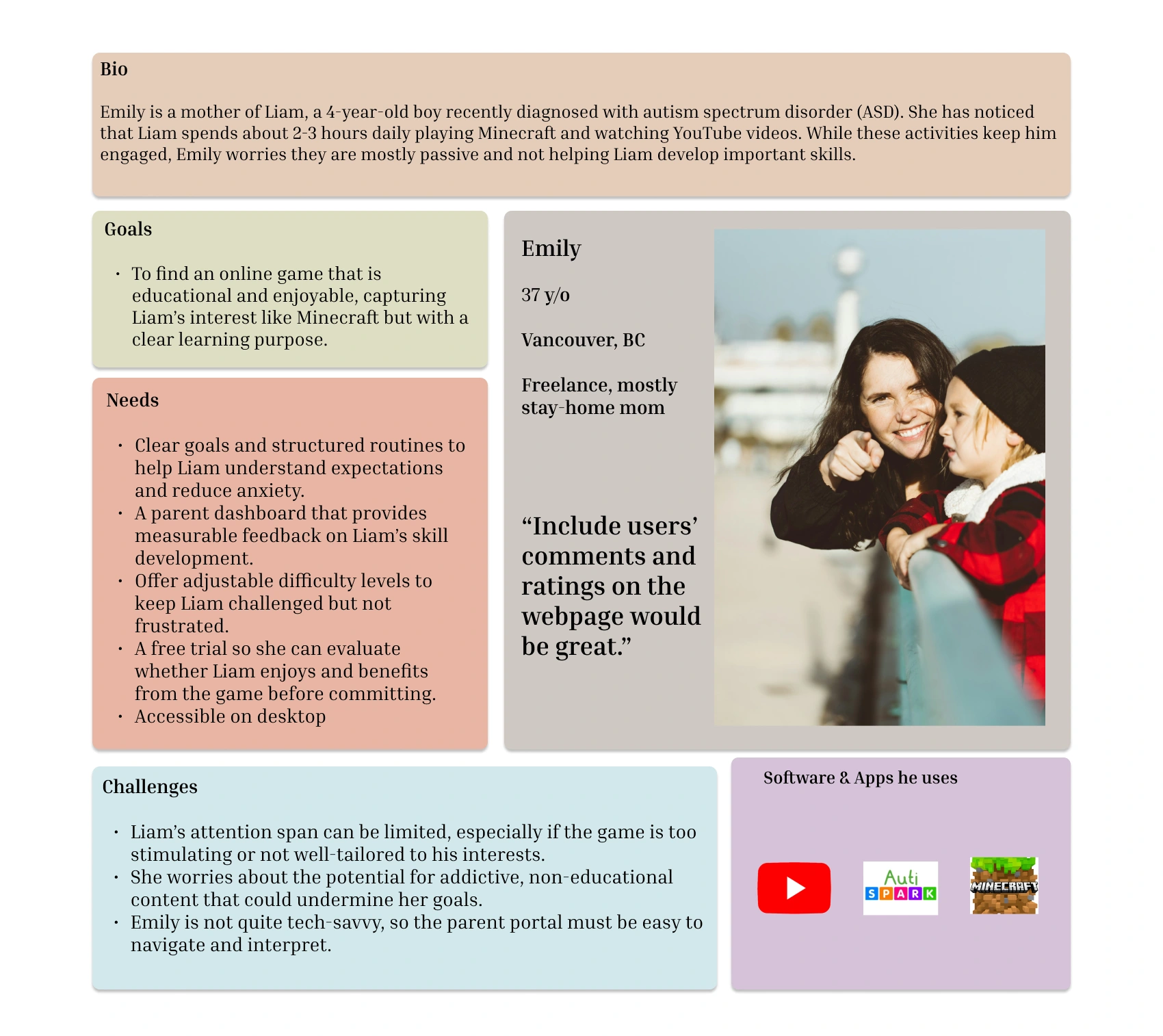 Meet Emily, a caring mother looking for digital play that feels both joyful and purposeful for her son, Liam.