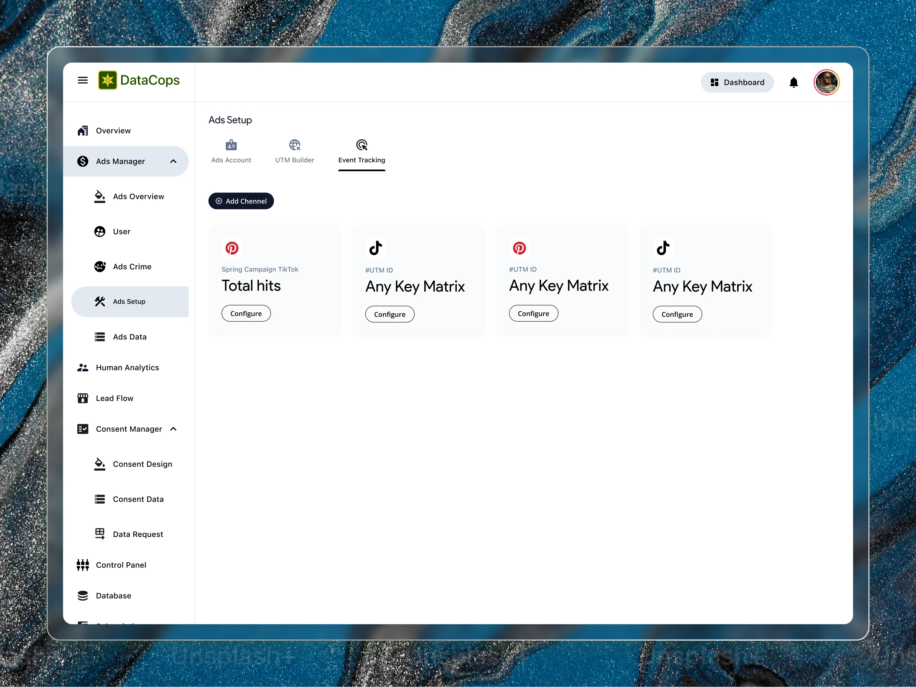 
UI for connecting marketing ad platforms like Google, Meta, and TikTok.
