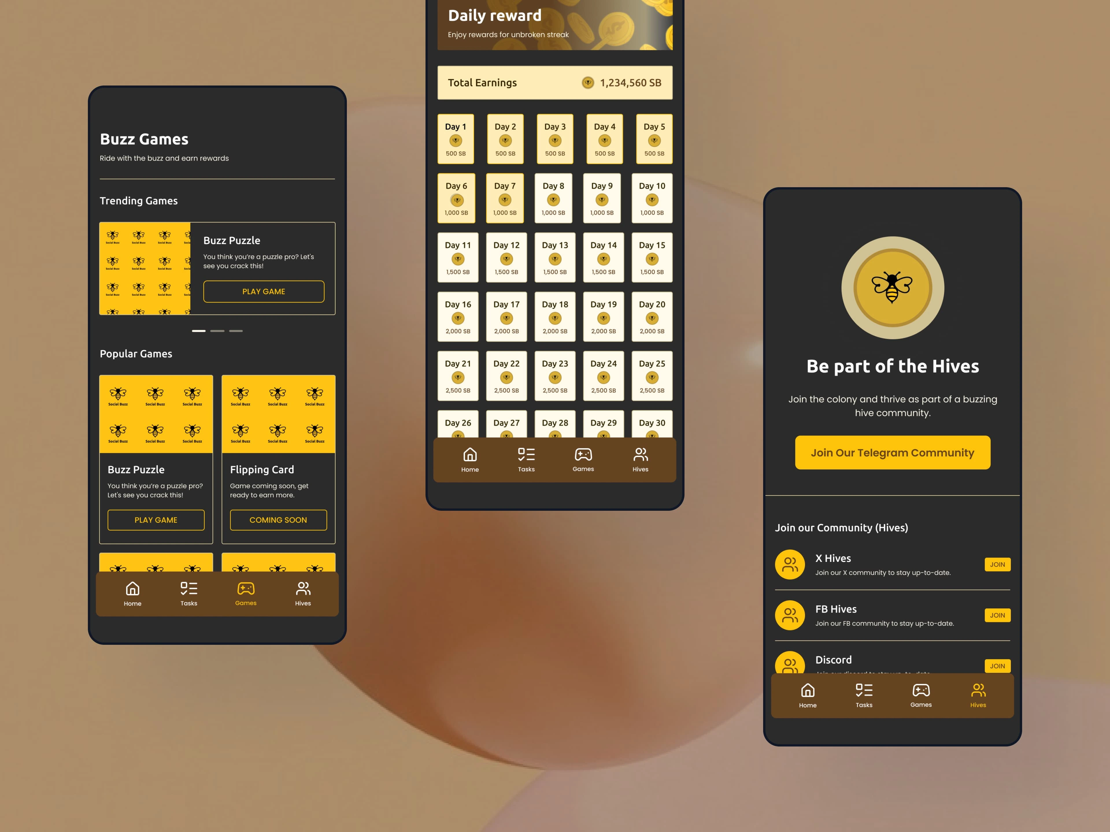 Game, Daily Rewards & Hive Tasks Screen - Dark Mode