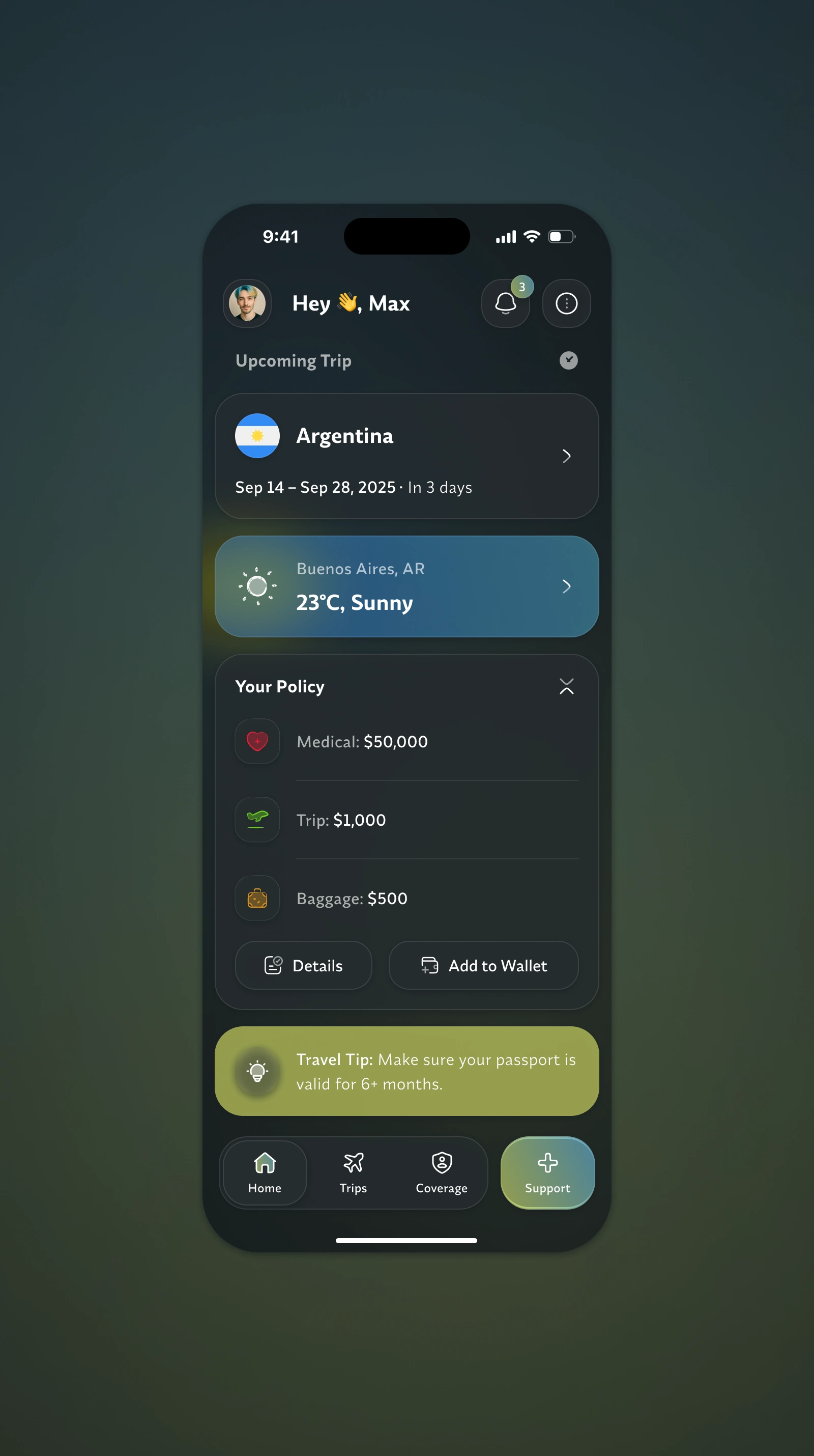 "Home" screen in dark mode