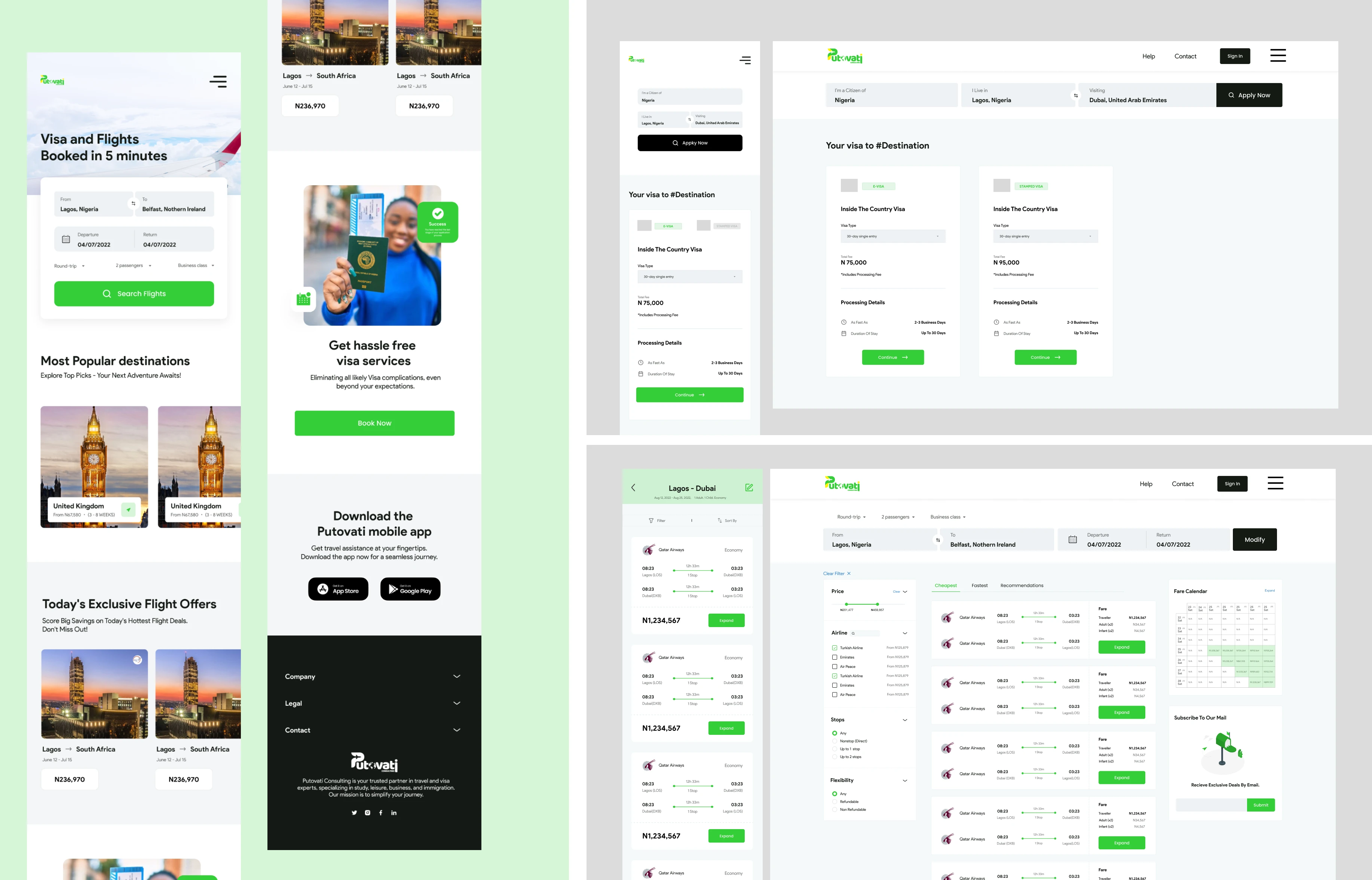 Mobile Landing Page, Flight Booking Page and Visa Booking Page 