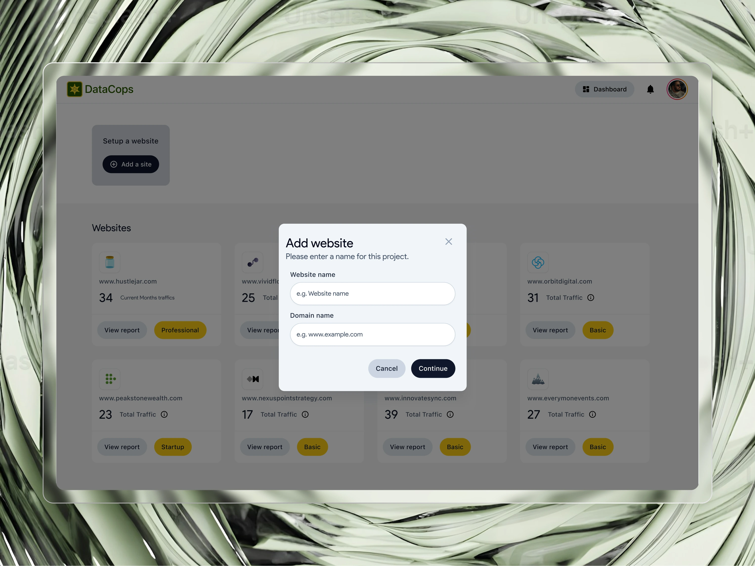 
The initial website setup process begins with giving it a name and domain.
