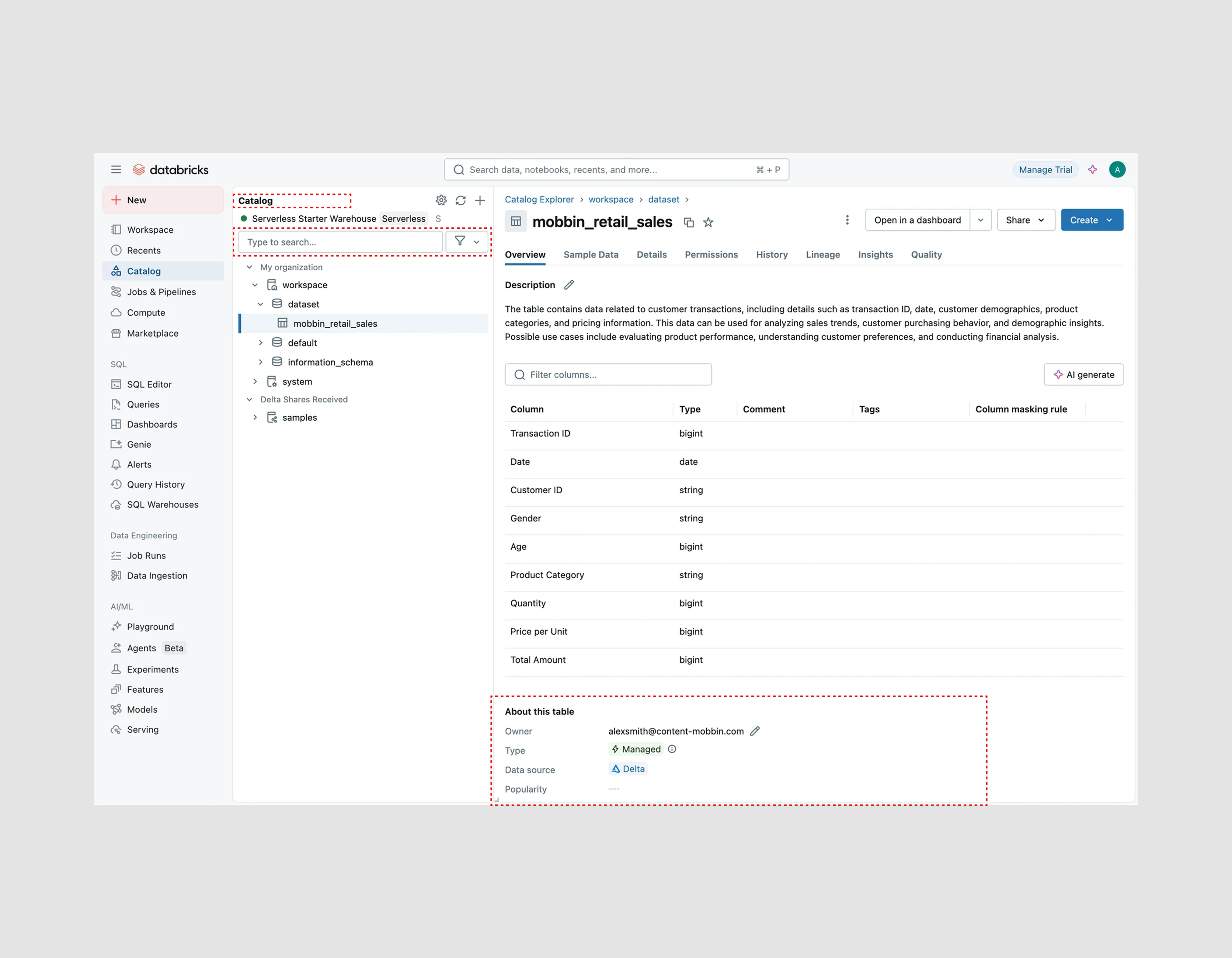 Original Data Catalog Screen w/ Highlights