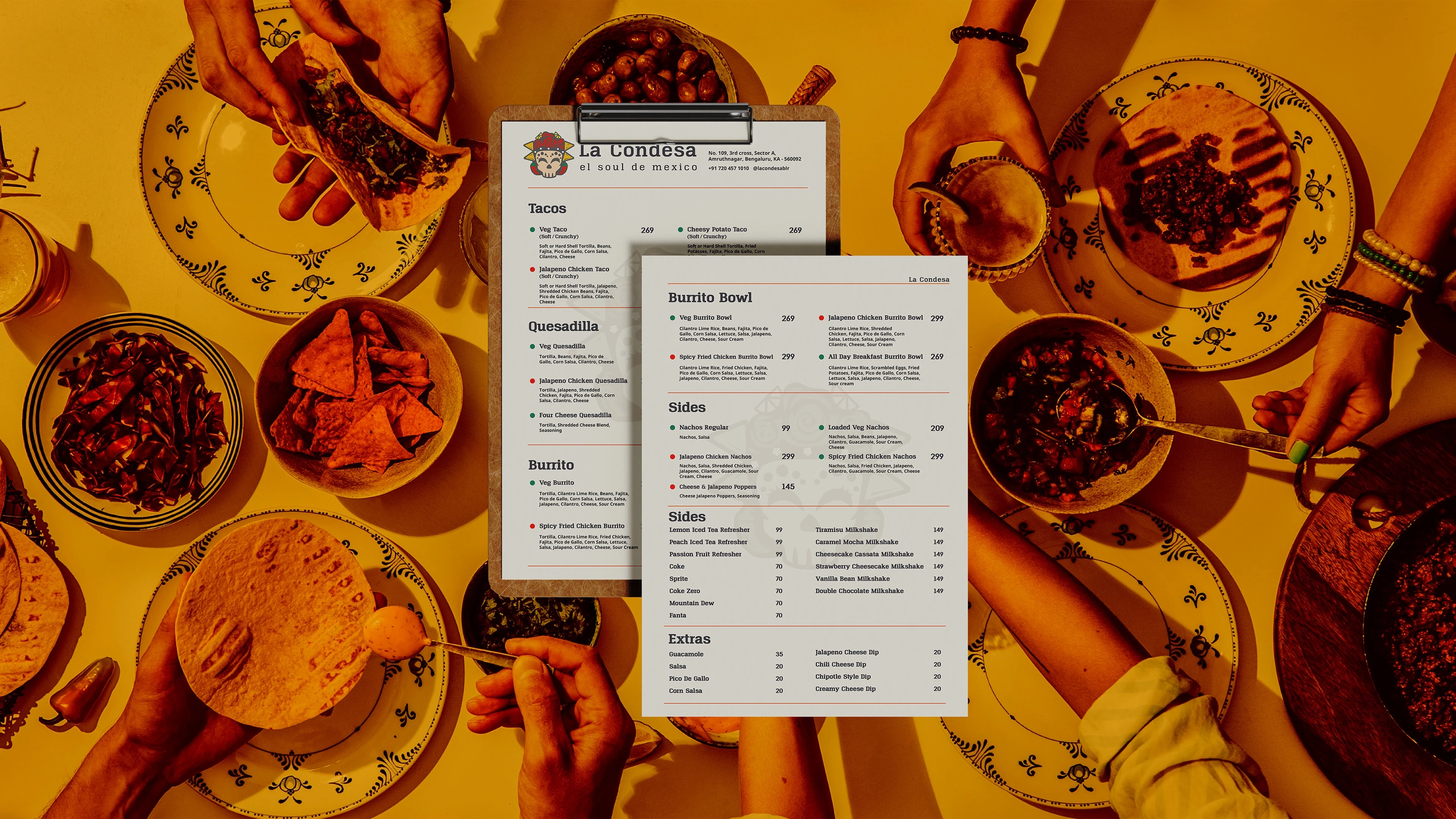 Each classic dish—Tacos, Burritos, Quesadillas, Nachos, Bowls—is lovingly spotlighted. Slogans like ‘el soul de Mexico’ and playful graphics reinforce La Condesa’s promise: genuine Mexican cuisine brought to life with soul, quality, and festive warmth.