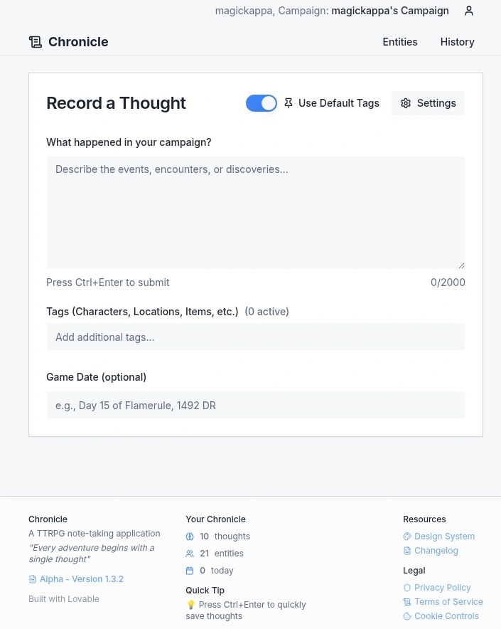 The core page: Recording thoughts. 