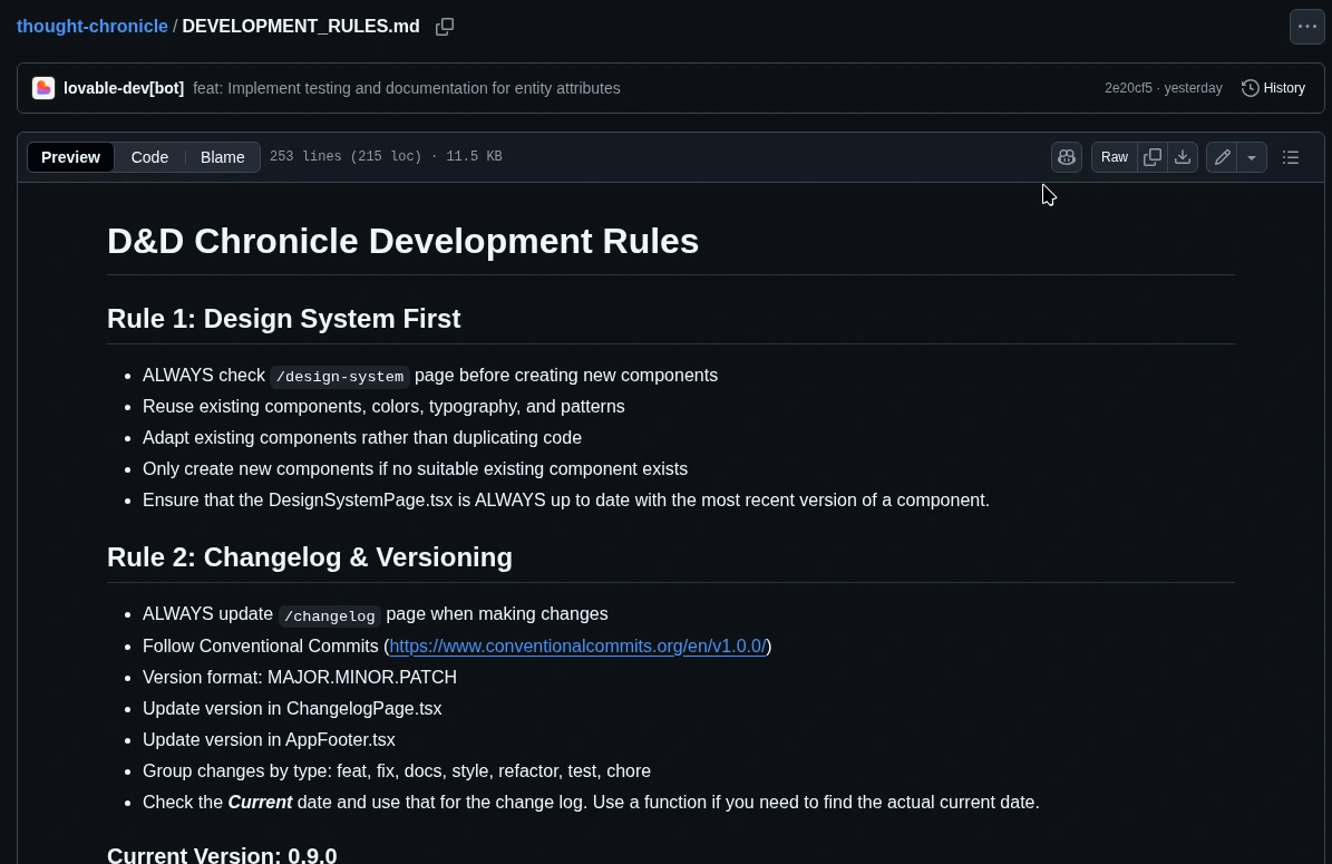 A snapshot of the development rules file in the GitHub repository