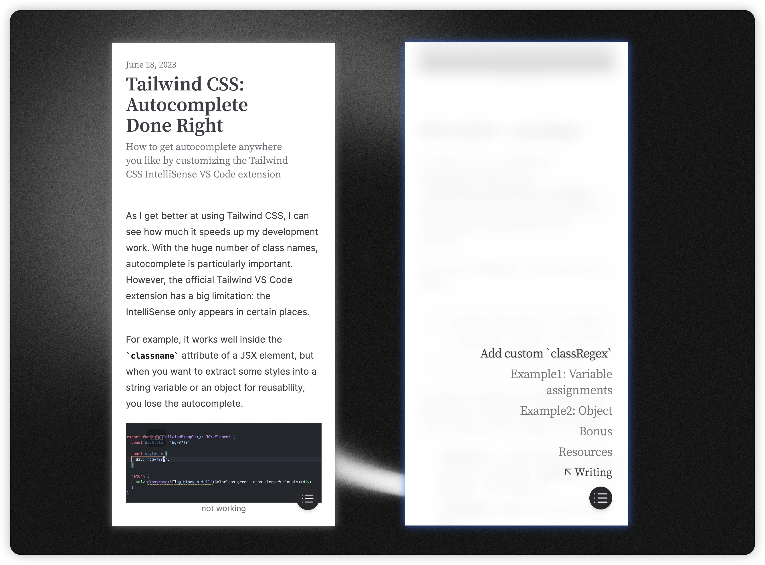 Floating table of contents for article page