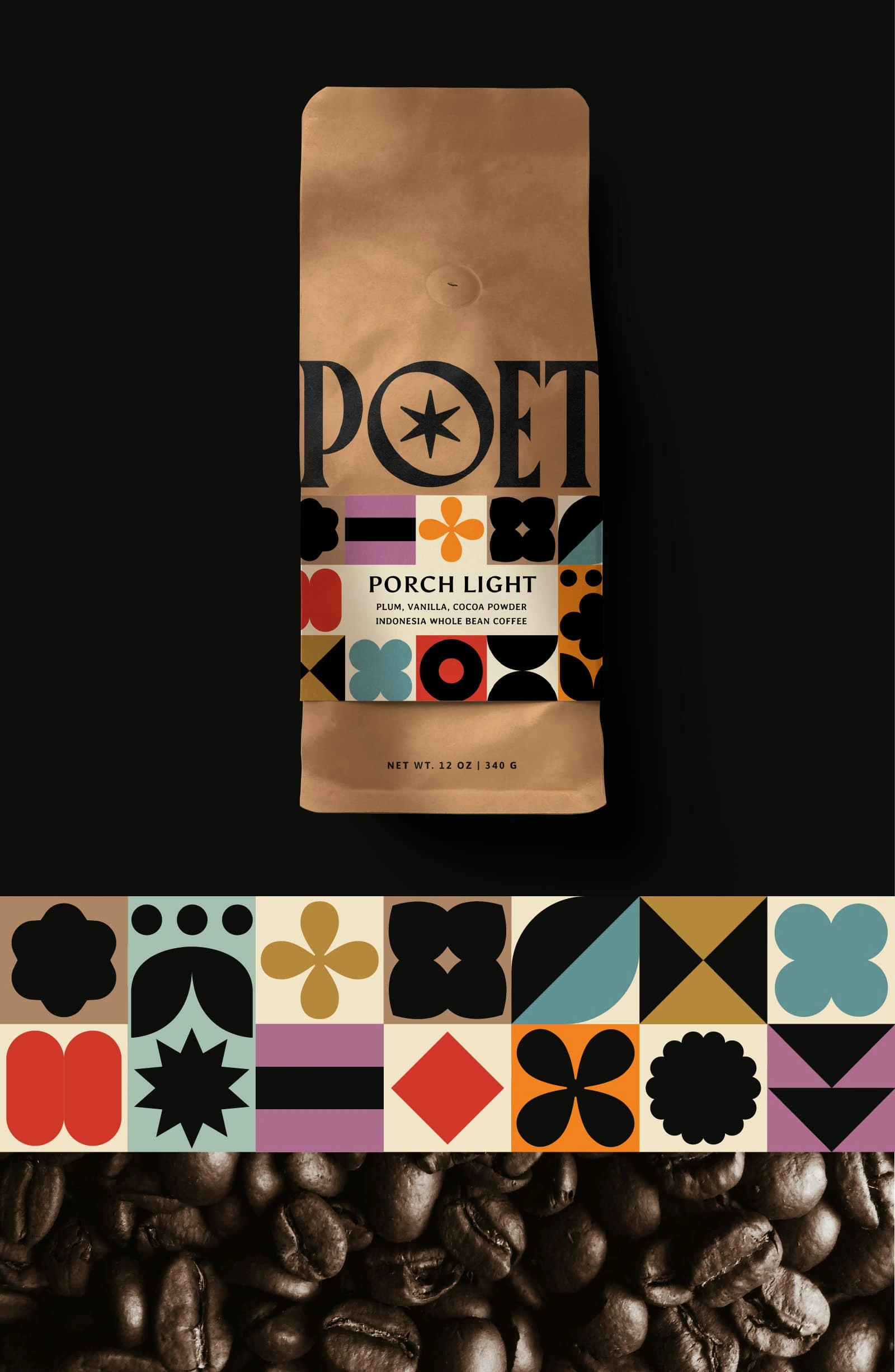 Package design for whole coffee bean bags with separate printed bellybands for each roast type