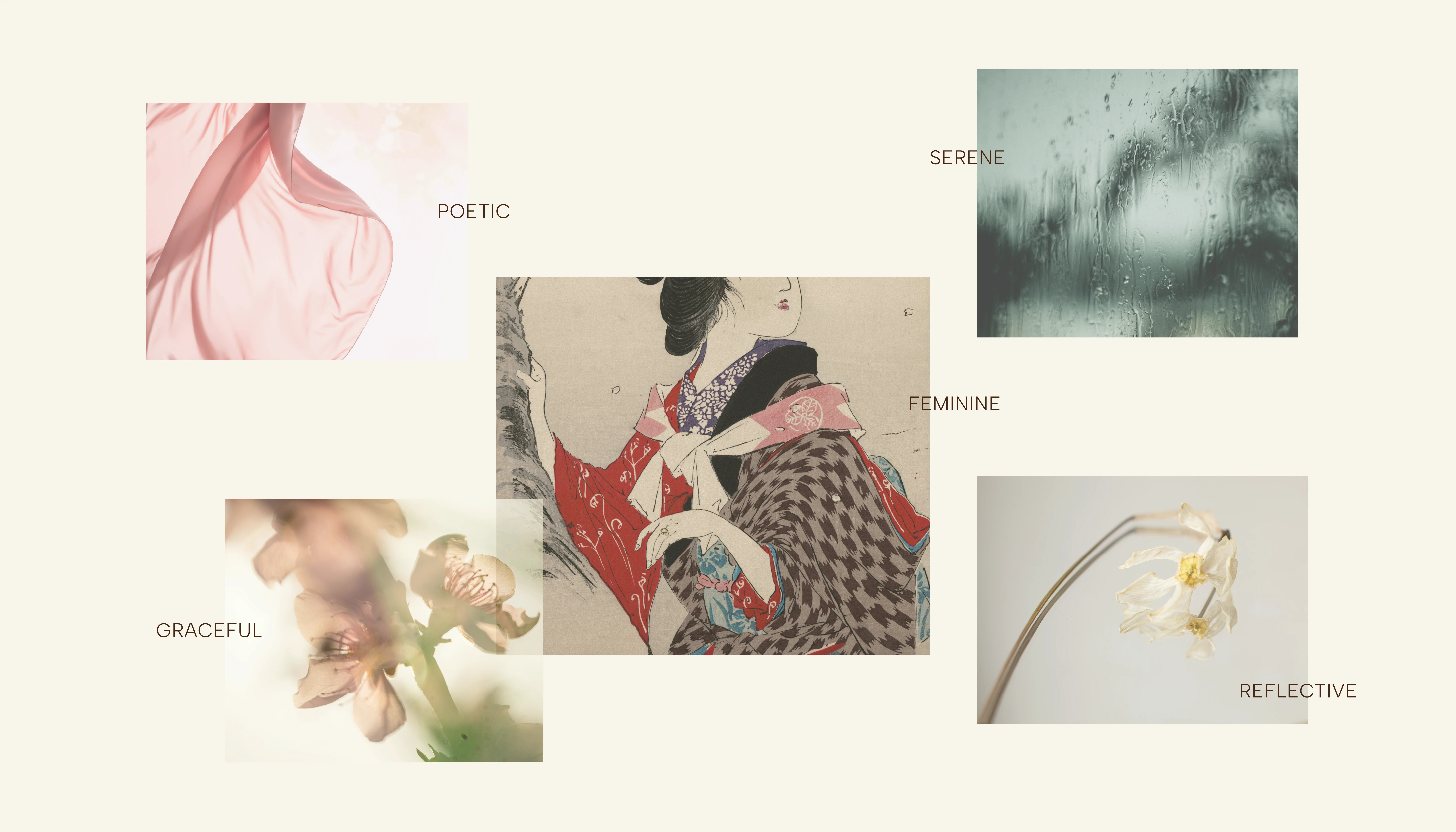 Moodboard for Scent of Koi perfume brand showing poetic, serene, and graceful Japanese inspirations