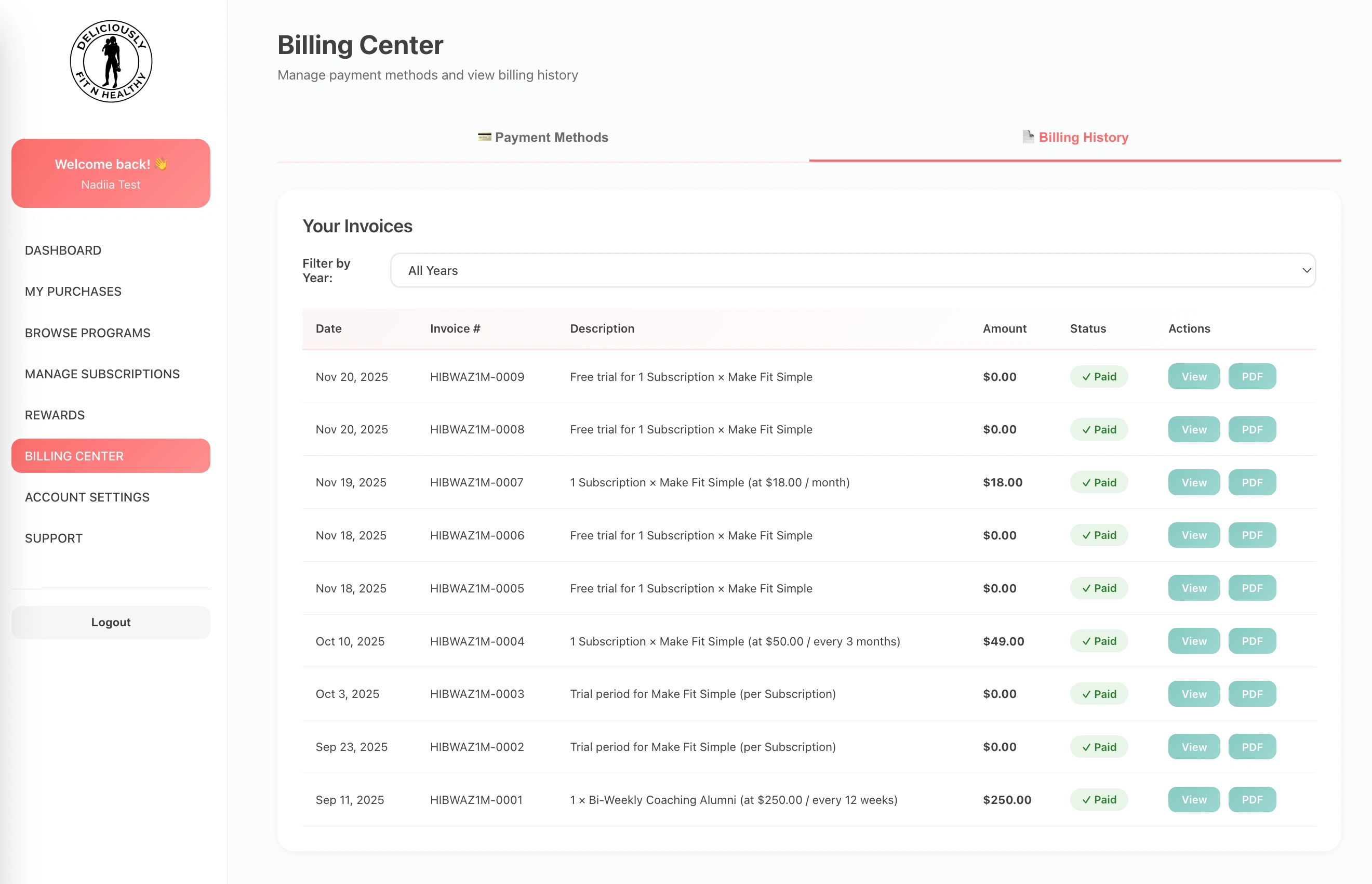 Billing History Page