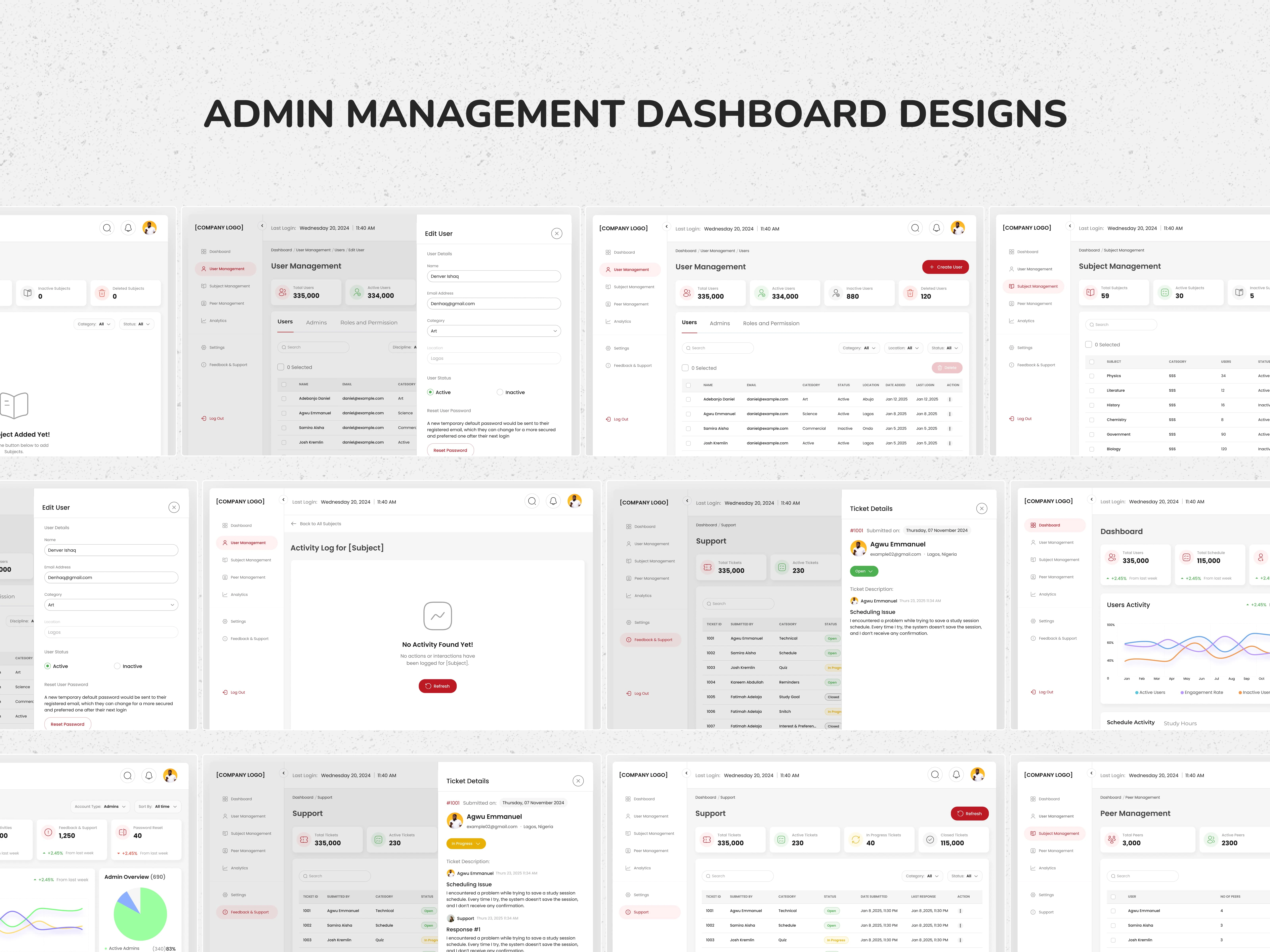 Screens from the Admin Management Designs
