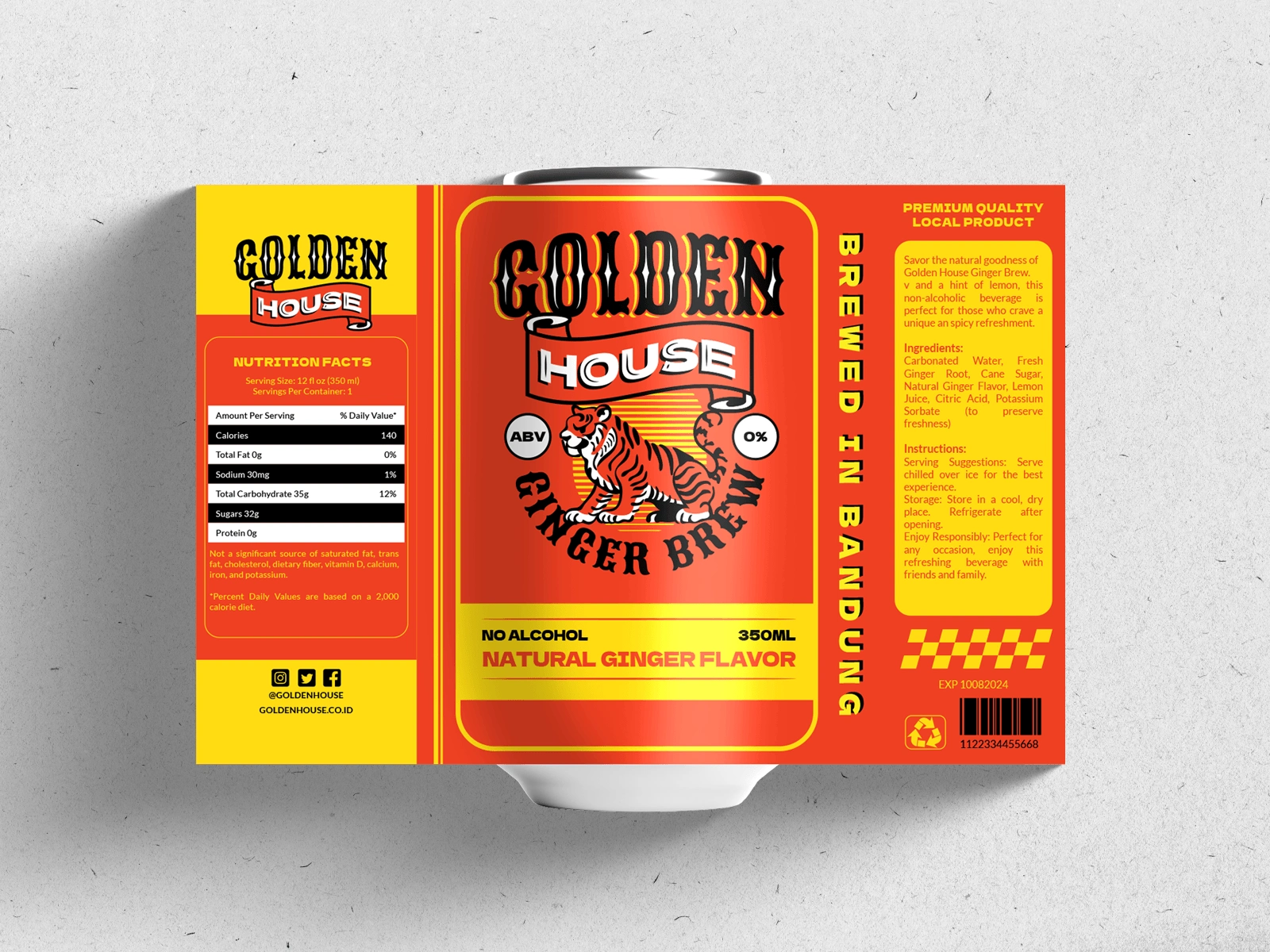 The label design is inspired by vintage aesthetics, featuring rich, warm colors and intricate illustrations of ginger roots. The bold typography and retro style provide an eye-catching appeal that stands out on the shelves. Our design ensures that Golden House Ginger Brew is not just a drink, but a visual experience.