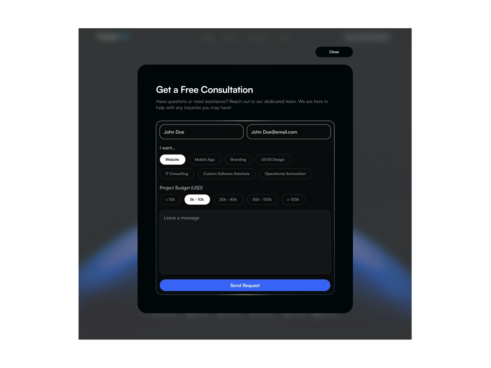 Contact Us Modal Filled