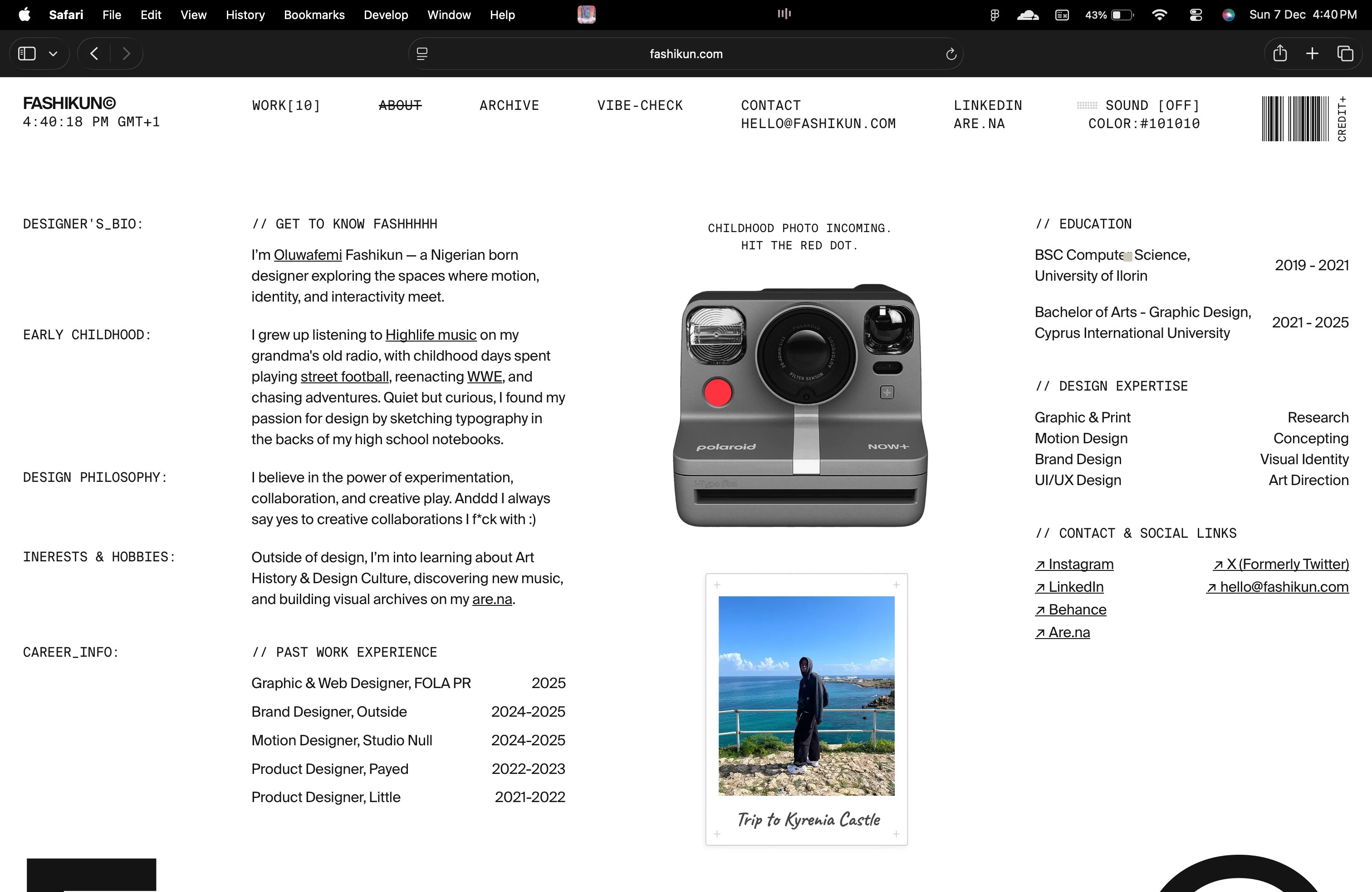 About page with interactive polaroid cam