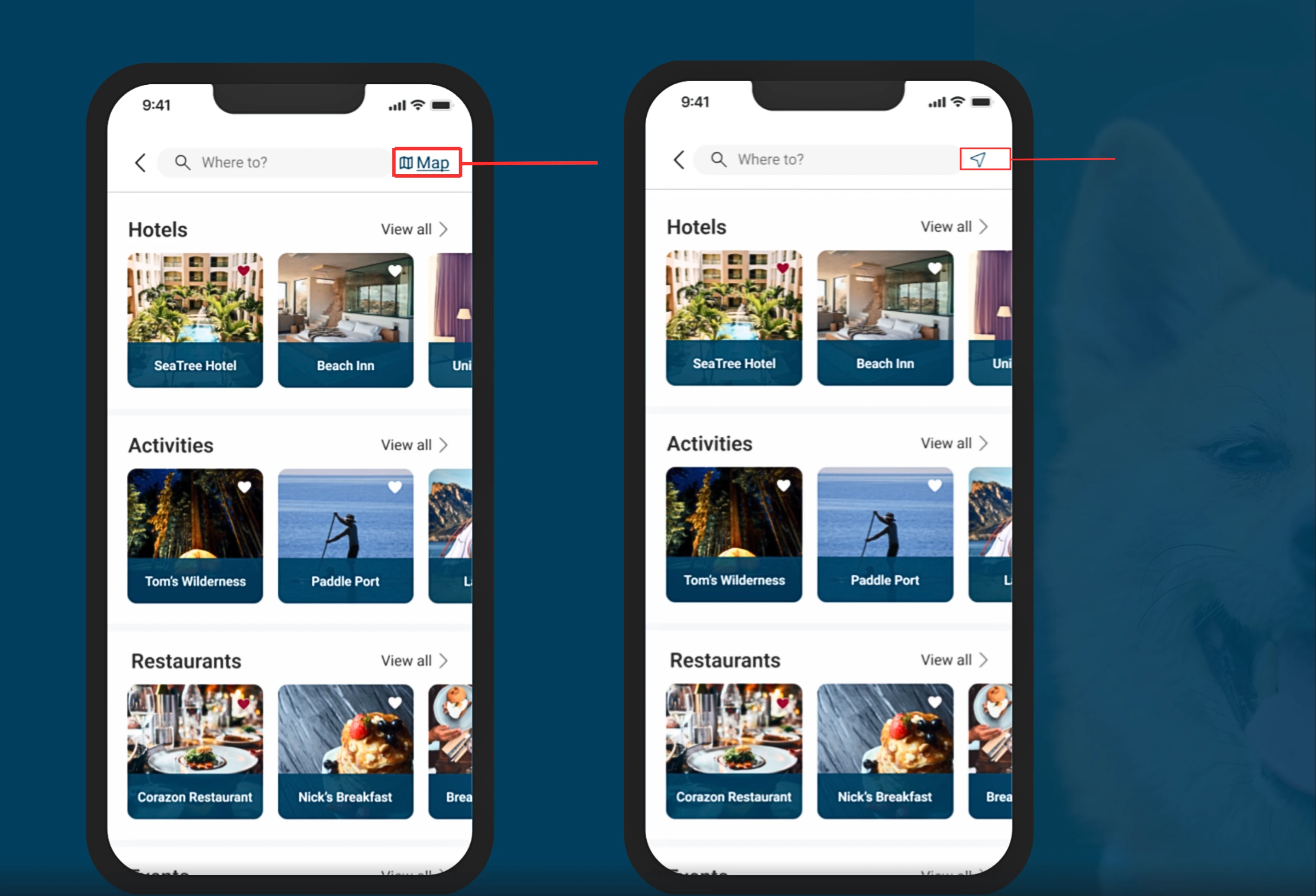 I replaced the icon and the term "map" with the Navigation icon to signify finding the nearest hotel.