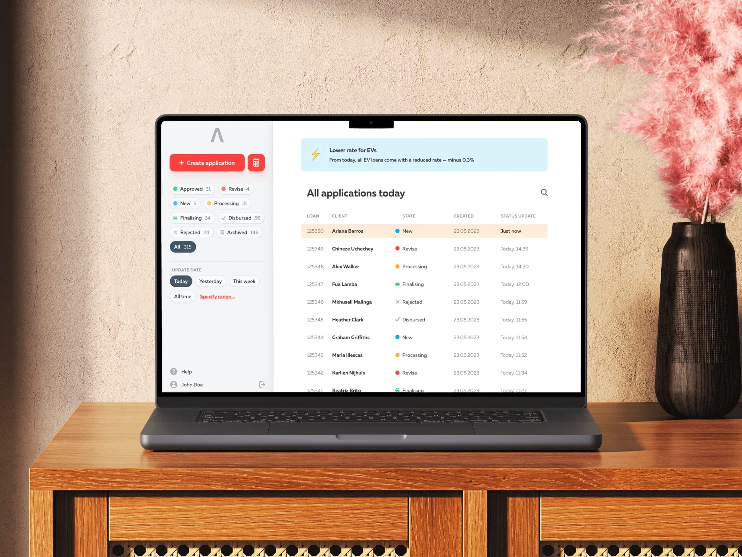 Main screen with a list of loans and status-based filtering