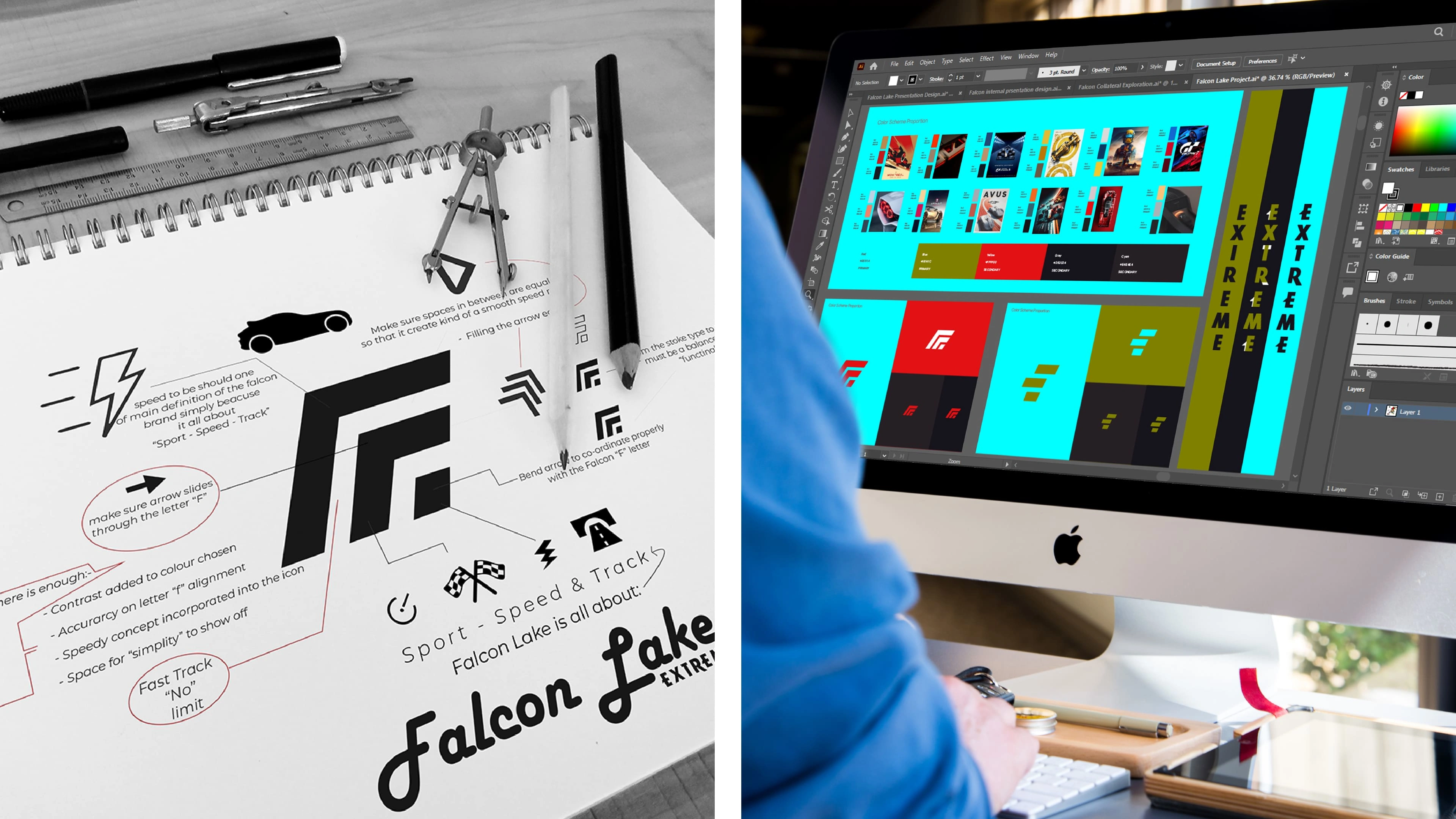 **Logo Construction**

After exploring many concepts surrounding a flying bird, signifying speed and agility, I returned to the stylescape which led me down an intriguing path where I ended up with an interesting set of concepts using the brand's initials.
