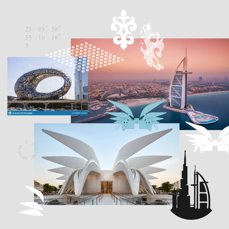 Traditional Arabic patterns, modern architecture, and the silhouette of a new city.