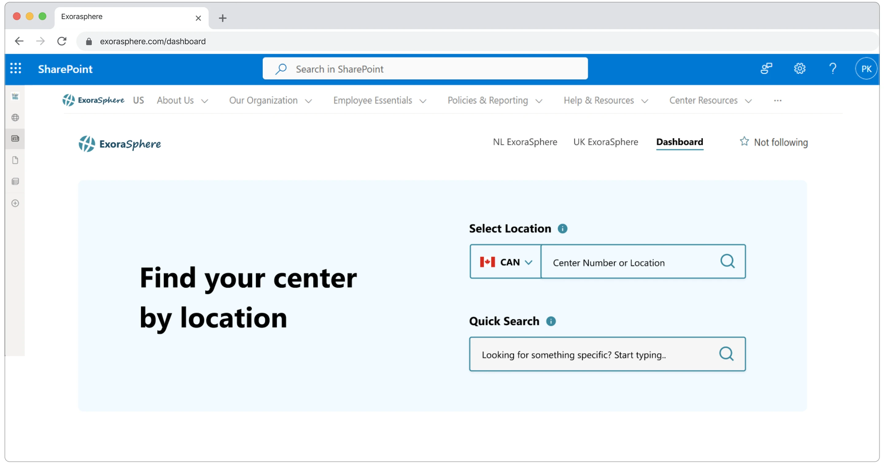 Initial Screen - Quick Search becomes available after selecting a center location.
