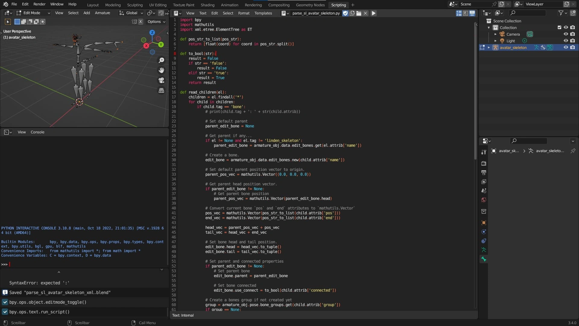 A screenshot of the Second Life full skeleton loaded in Blender and the Text Editor with the open BPY script.