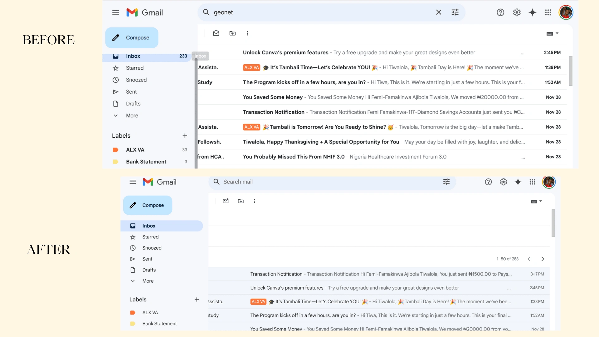 Sample of a Gmail before and after sorting