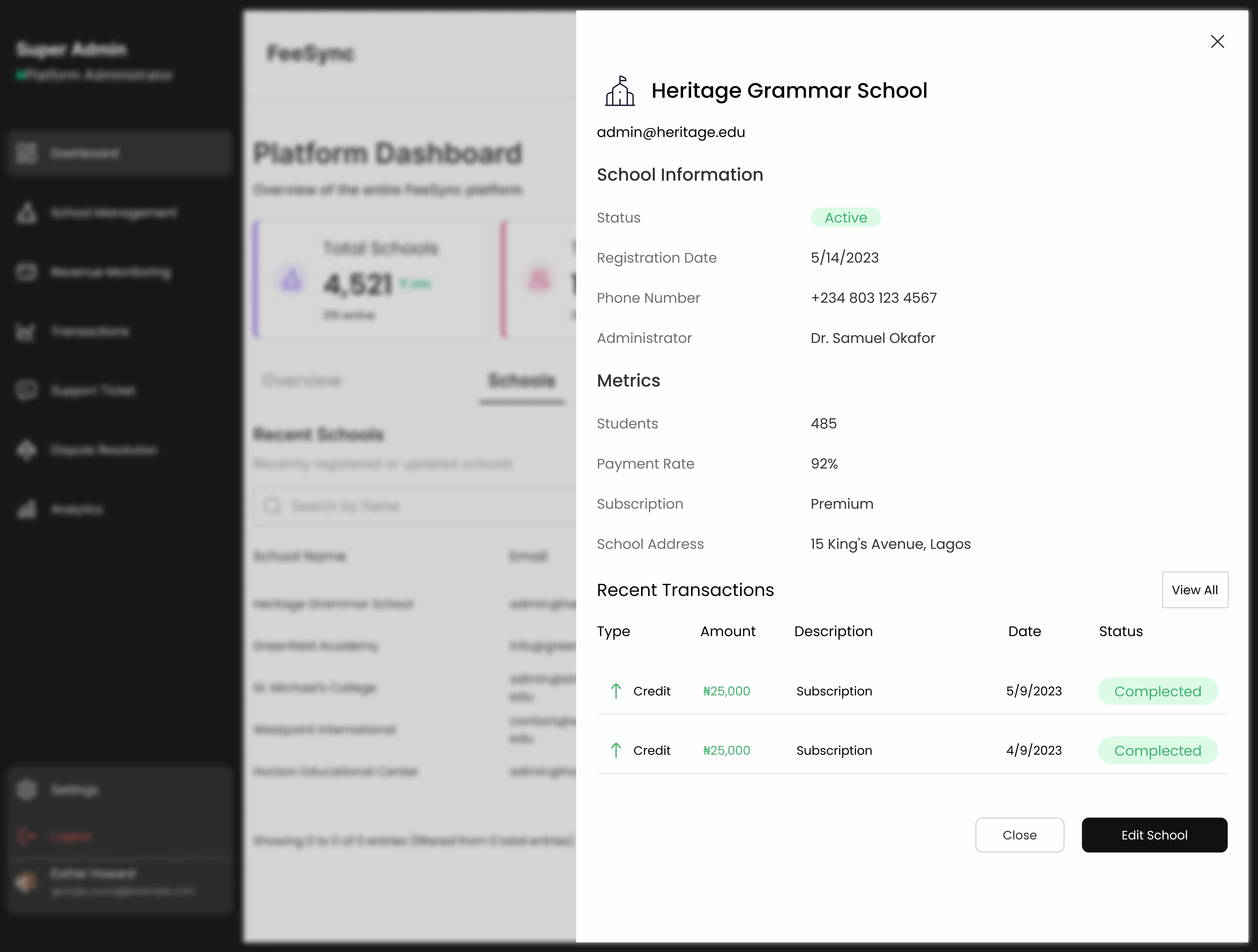 Dashboard overview of School details 
