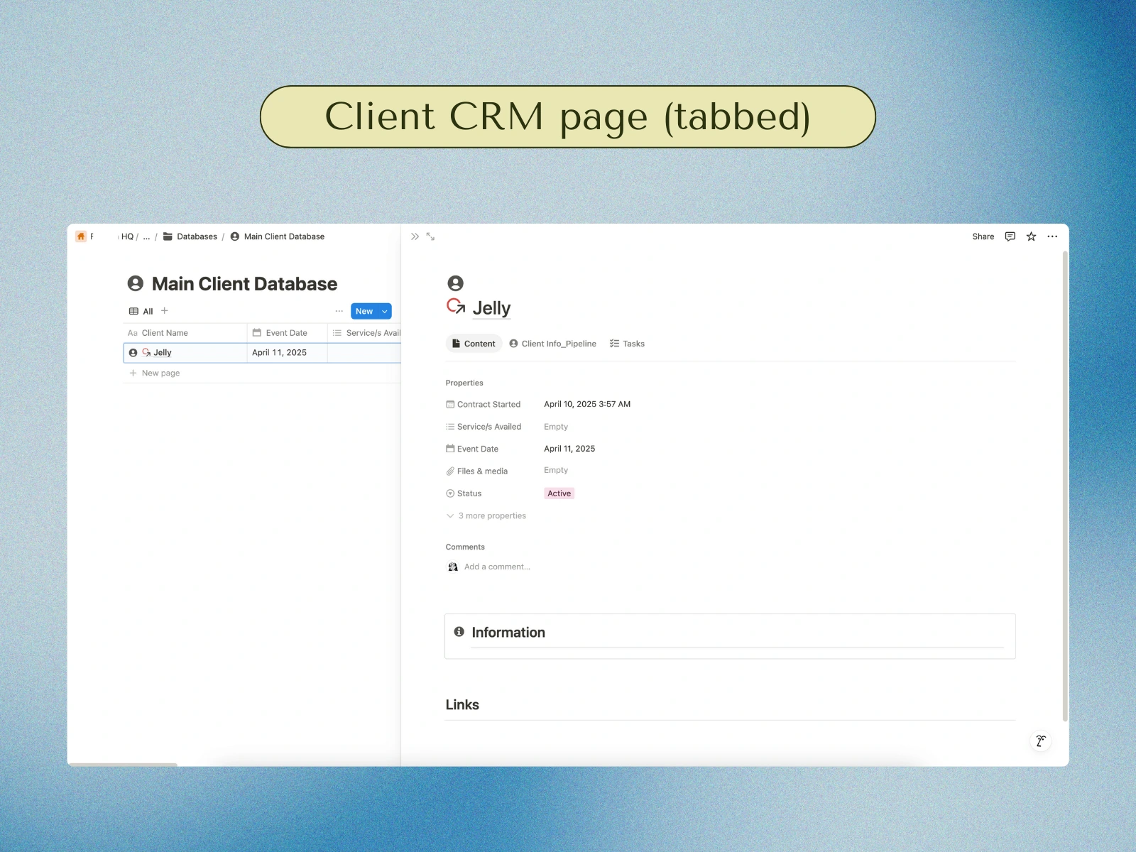 Every client crm page is tabbed and linked to the pipeline to easily see previous interaction and the task tracker.