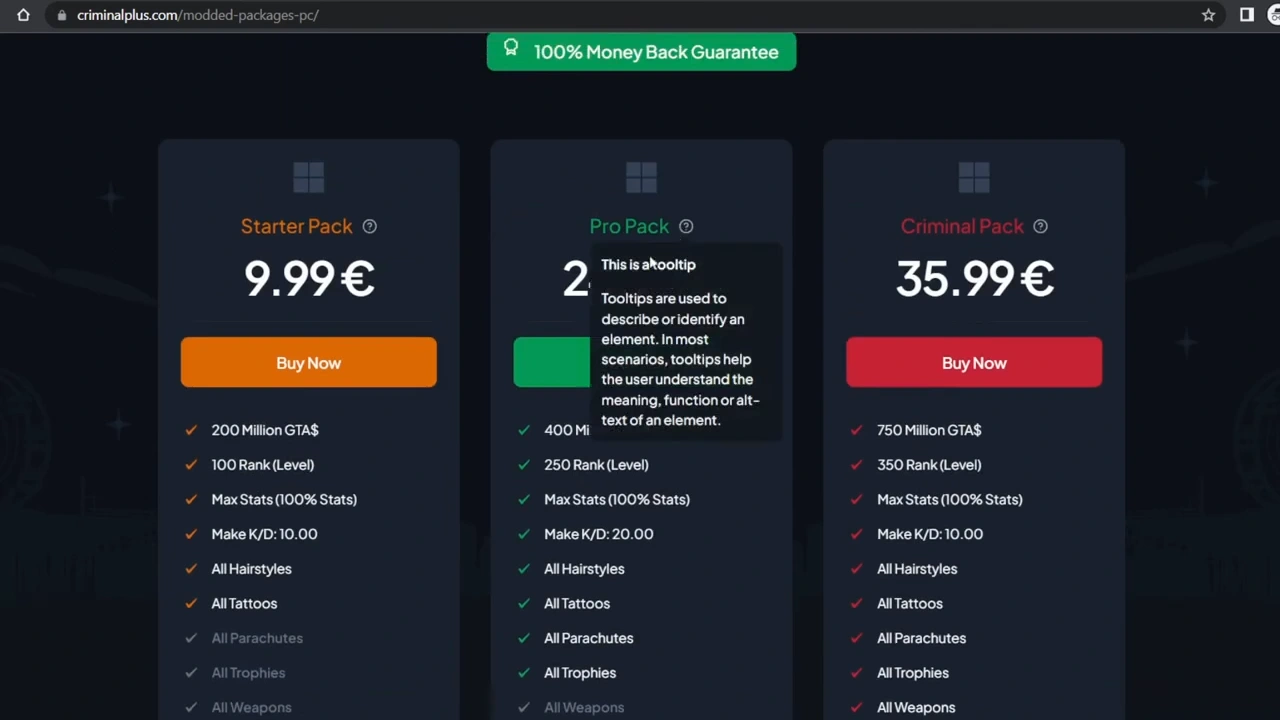 Interactive pricing table showcasing Starter, Pro, and Criminal packs, with tooltip functionality and clear CTA buttons for conversions.