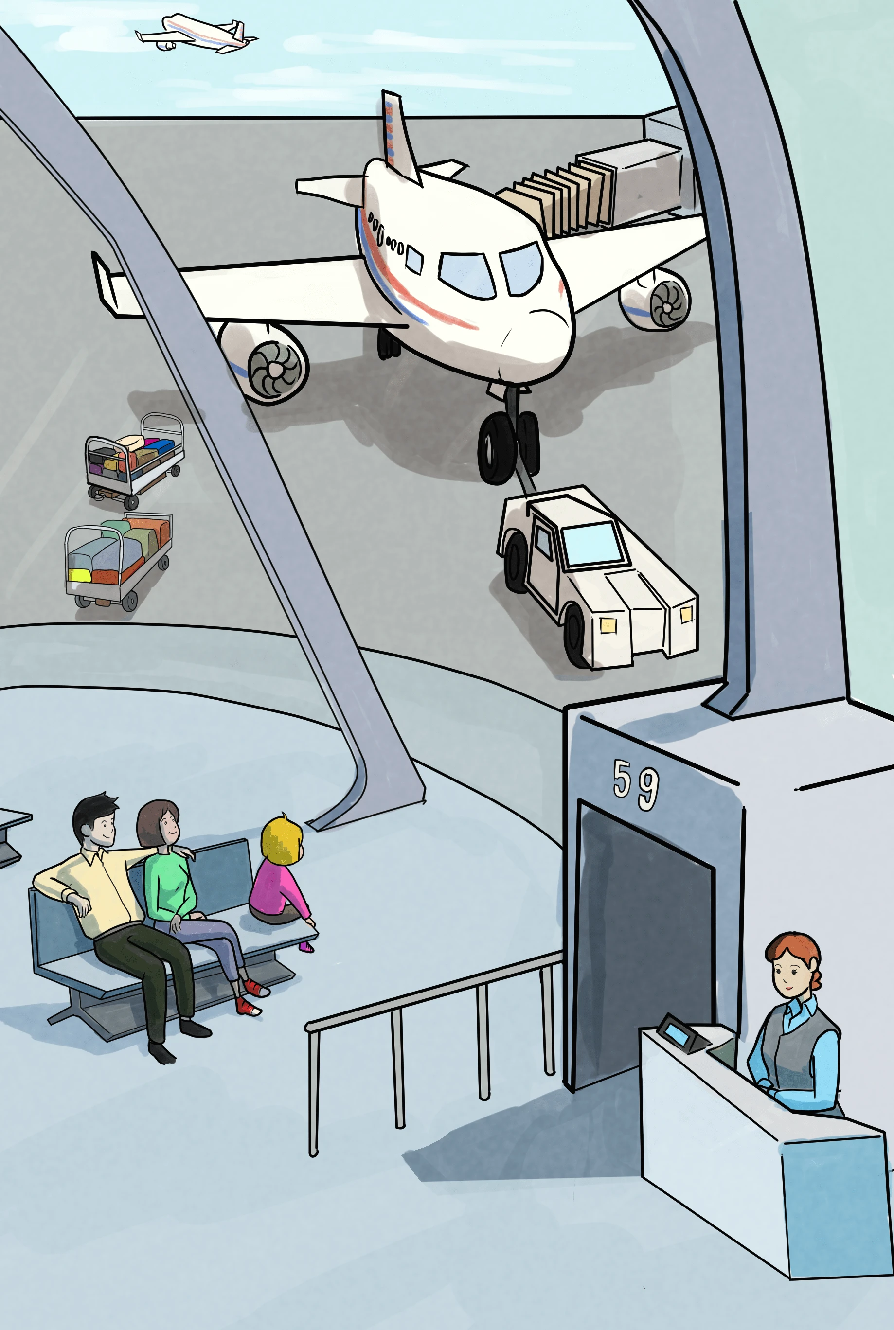 Mom, Dad and Bibi sat in a hall with tall glass walls. She could see the Airplanes. They were HUGE.