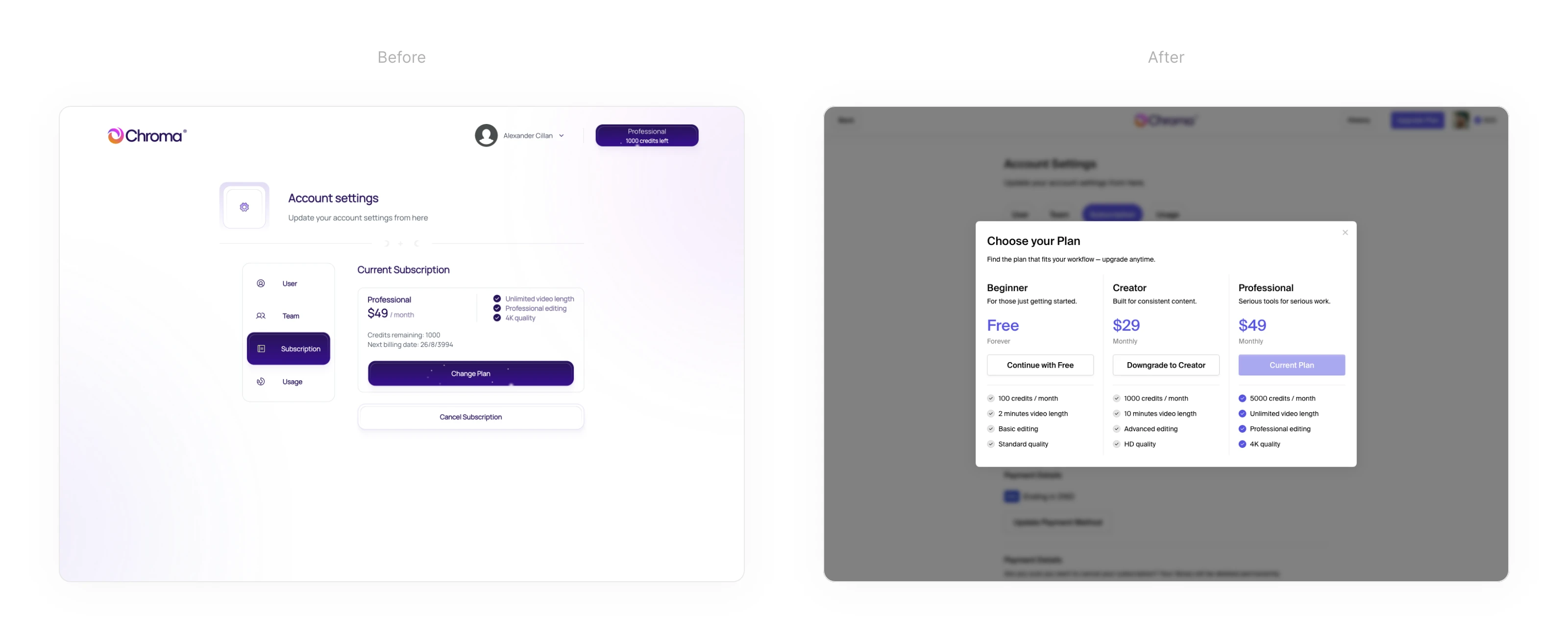 Subscription screen. Left image is the original concept. Right image is the redesigned version.