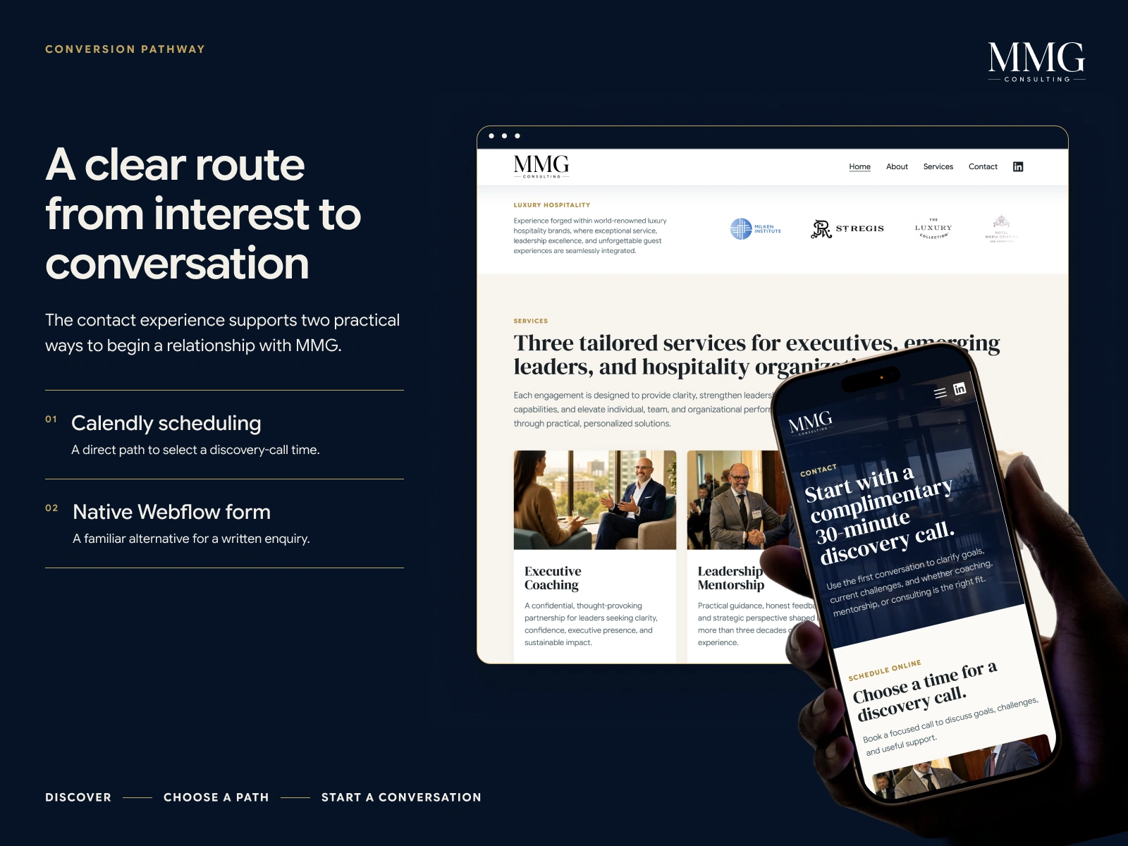 Two clear conversion paths connect interested visitors with MMG through Calendly or a native Webflow form.