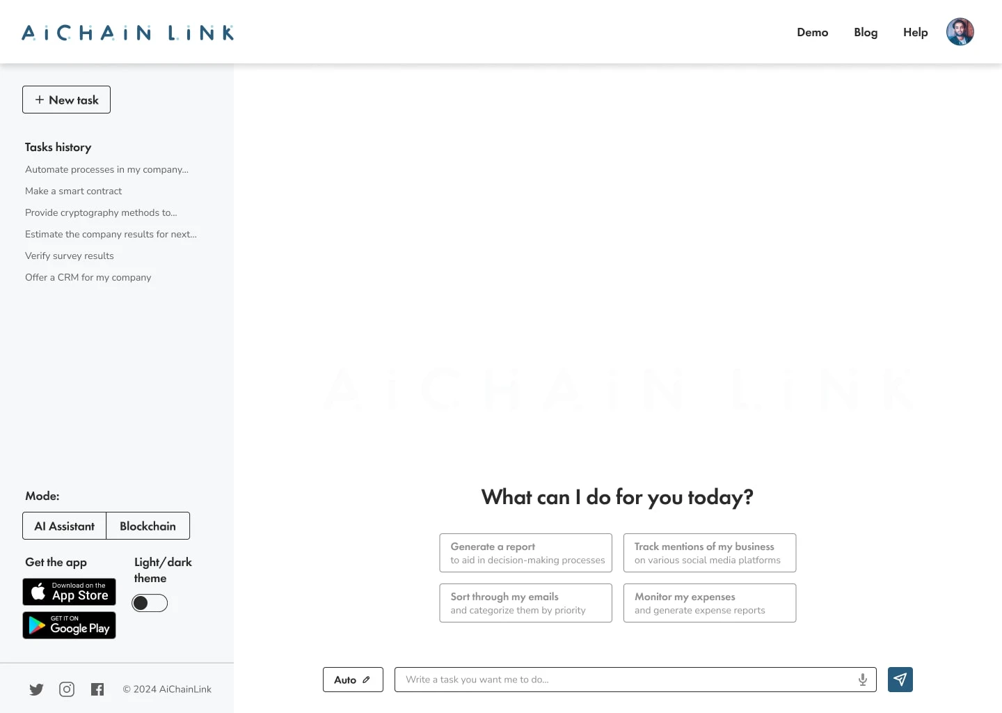Web app interface for a web AI engine project. It includes light and dark theme.