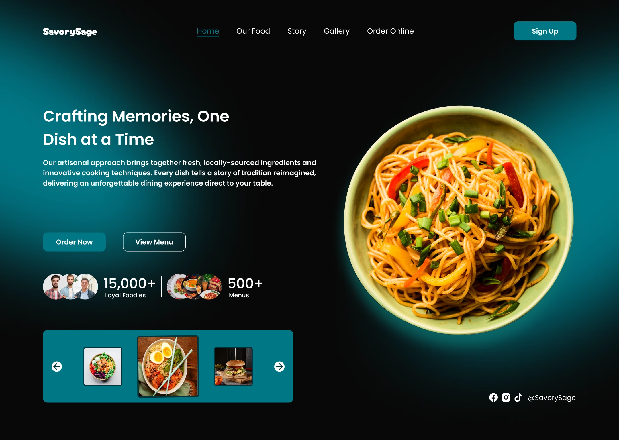 Hero section design for SavorySage Dark Mode
