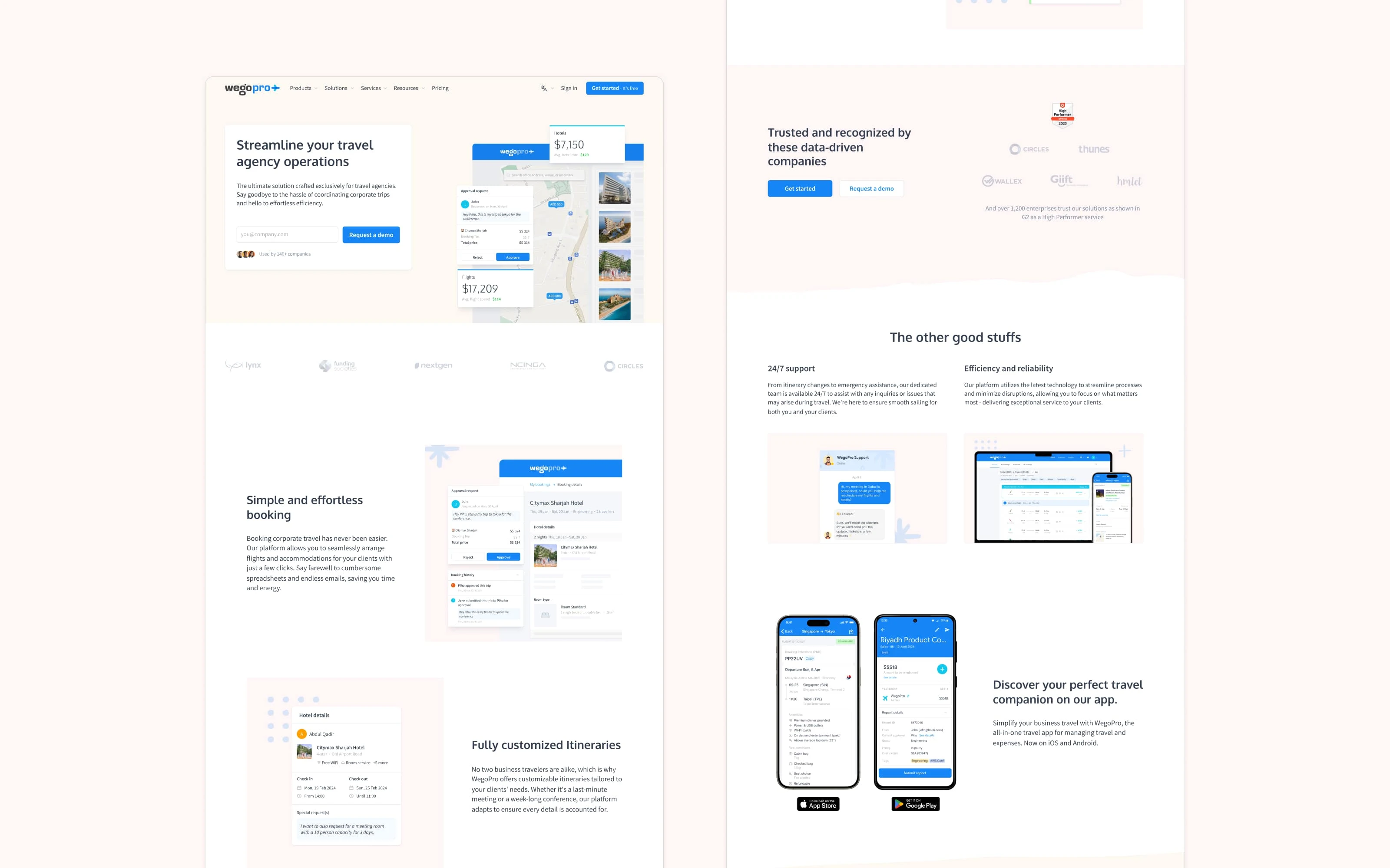 Landing page designed for travel agencies, showcasing tools for managing multiple clients and booking with ease.