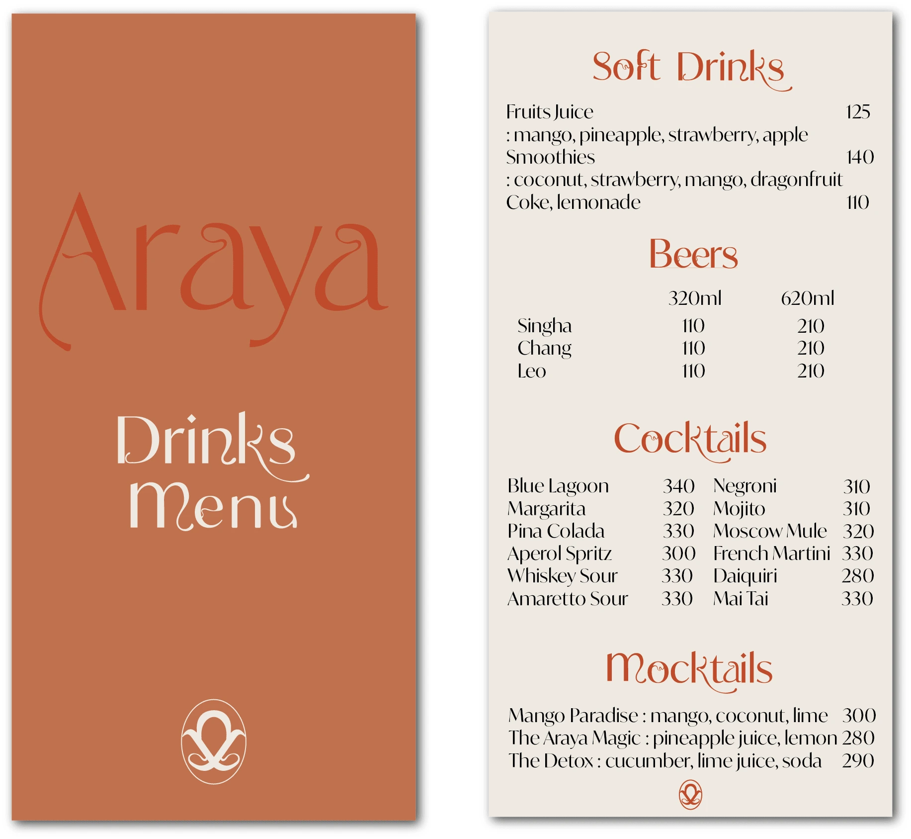 drinks menu at Araya Resort