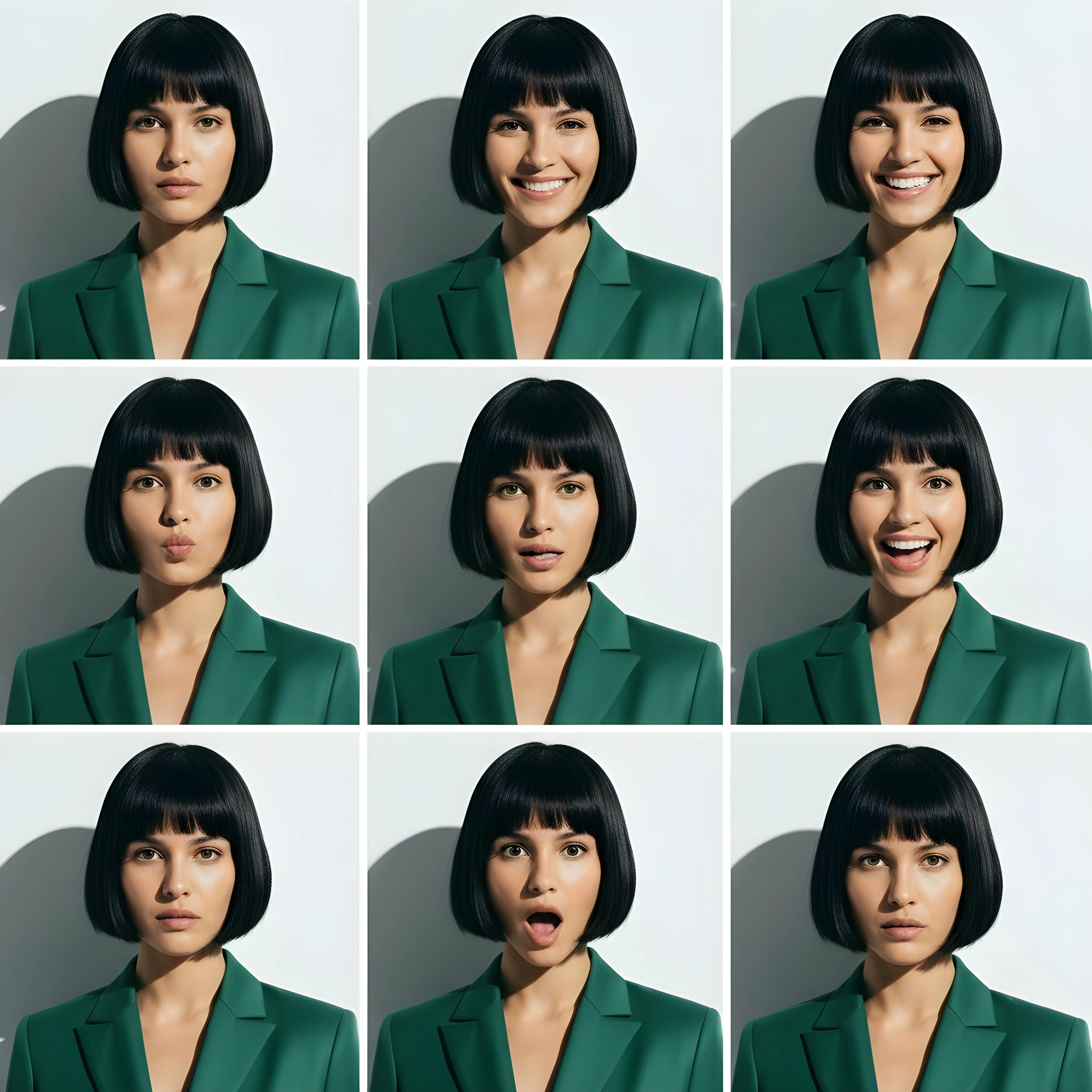 3X3 drid of a white model with different expressions wearing a green coat and having short hair