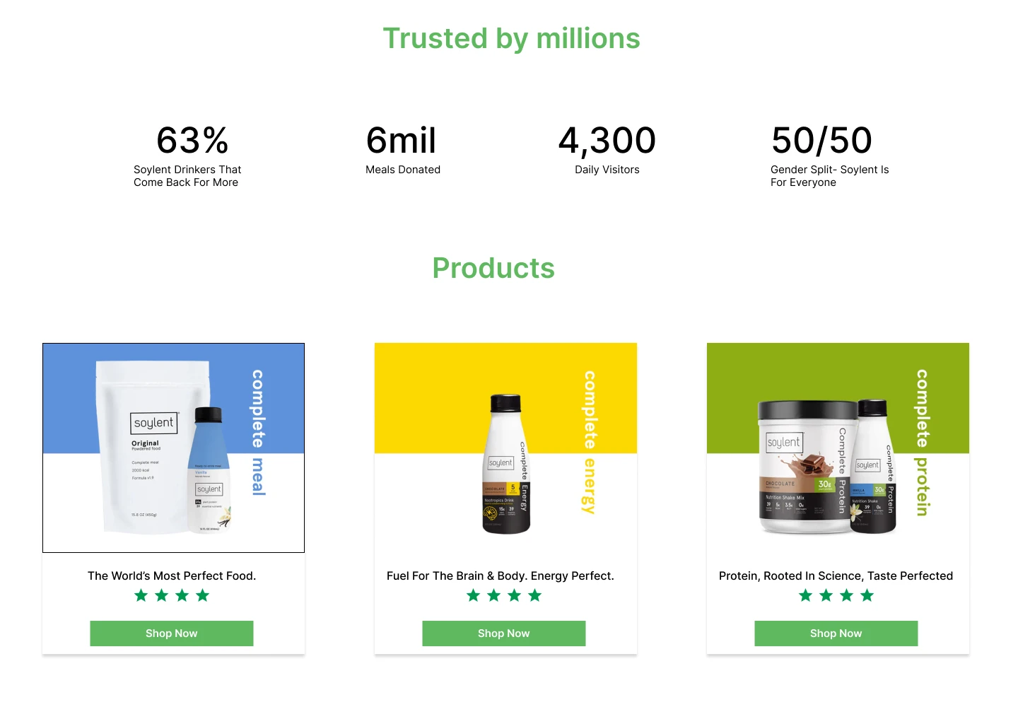 Screenshot of the product section in the landing page