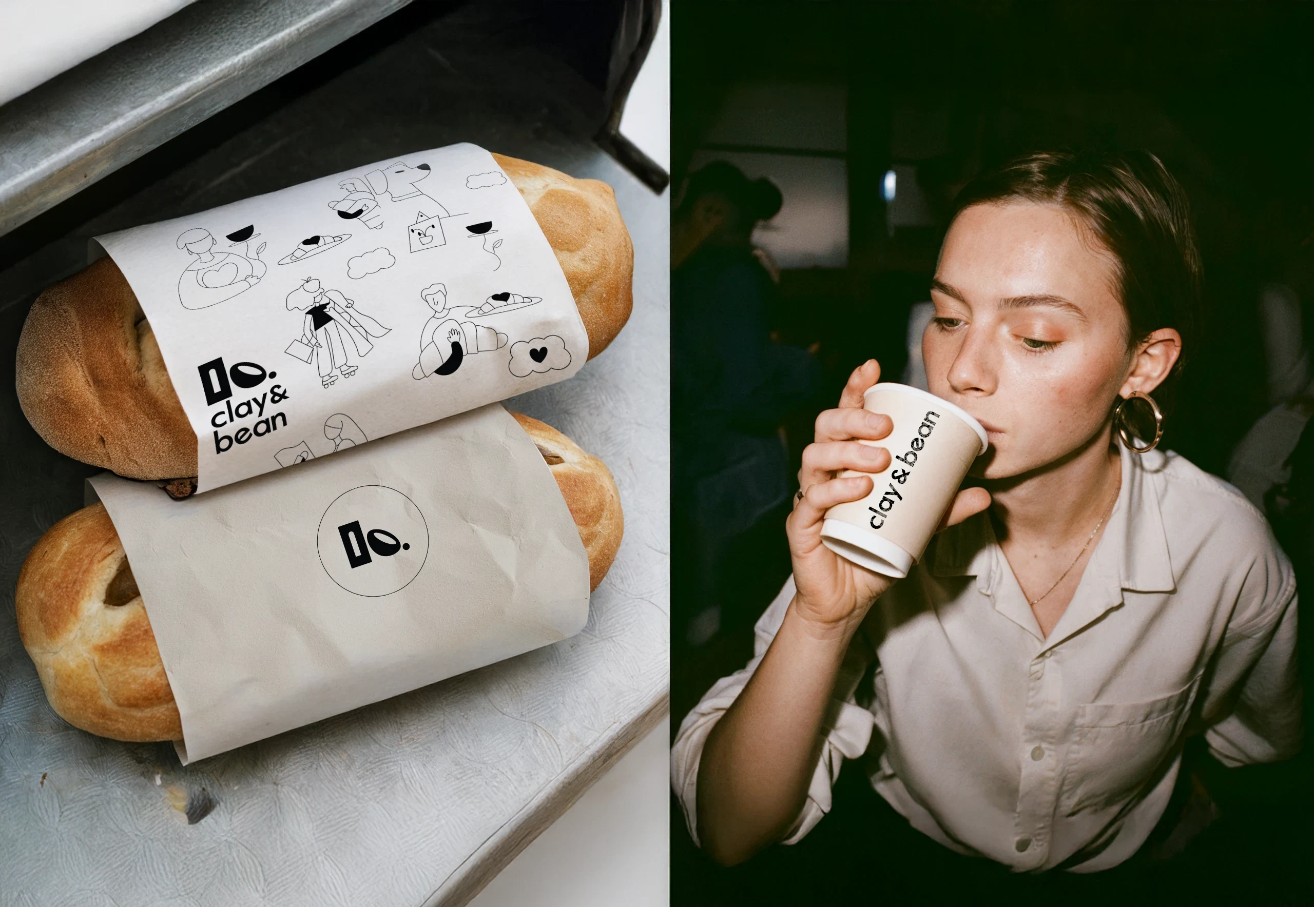 Clay & Bean branding on bread wraps with playful illustrations and on a paper coffee cup held by a woman